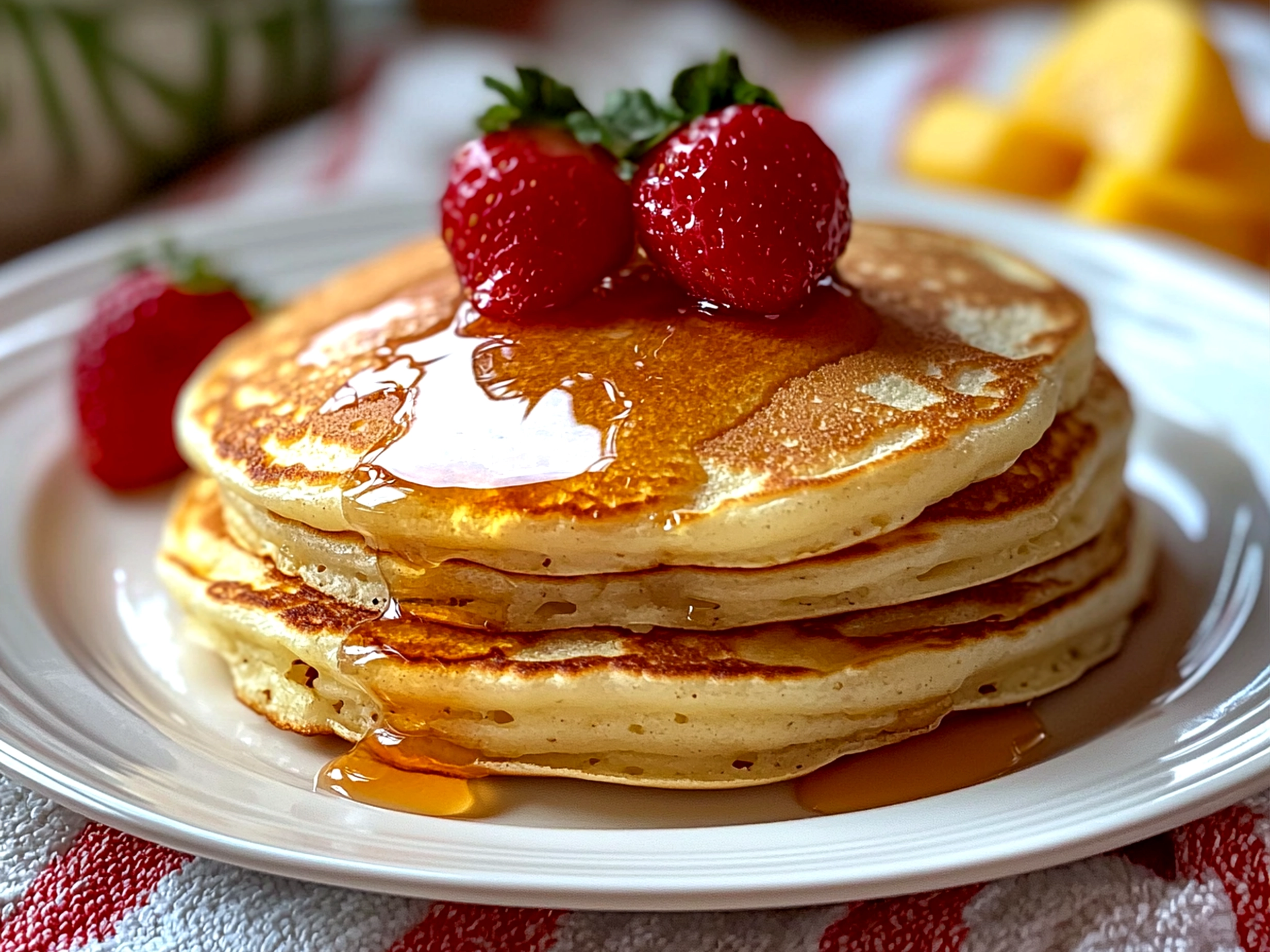 Stack of Copycat Cracker Barrel Pancakes topped with butter and syrup on a breakfast table