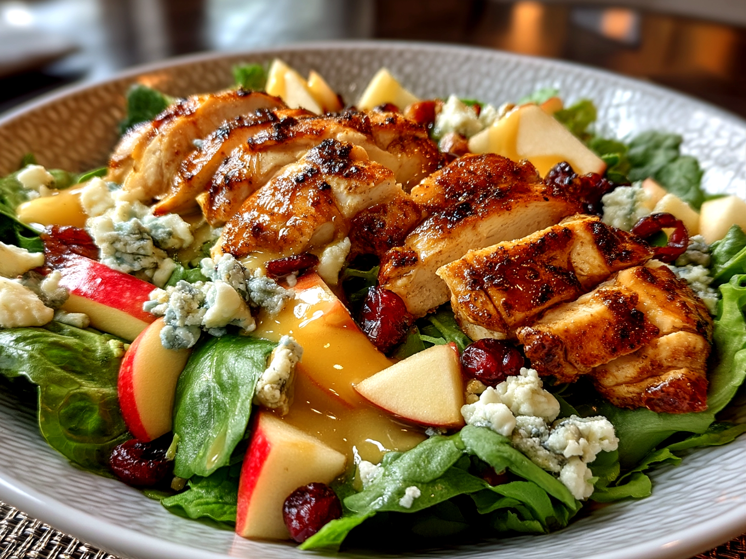 Served Copycat Panera Fuji Apple Chicken Salad with fresh greens and pecans