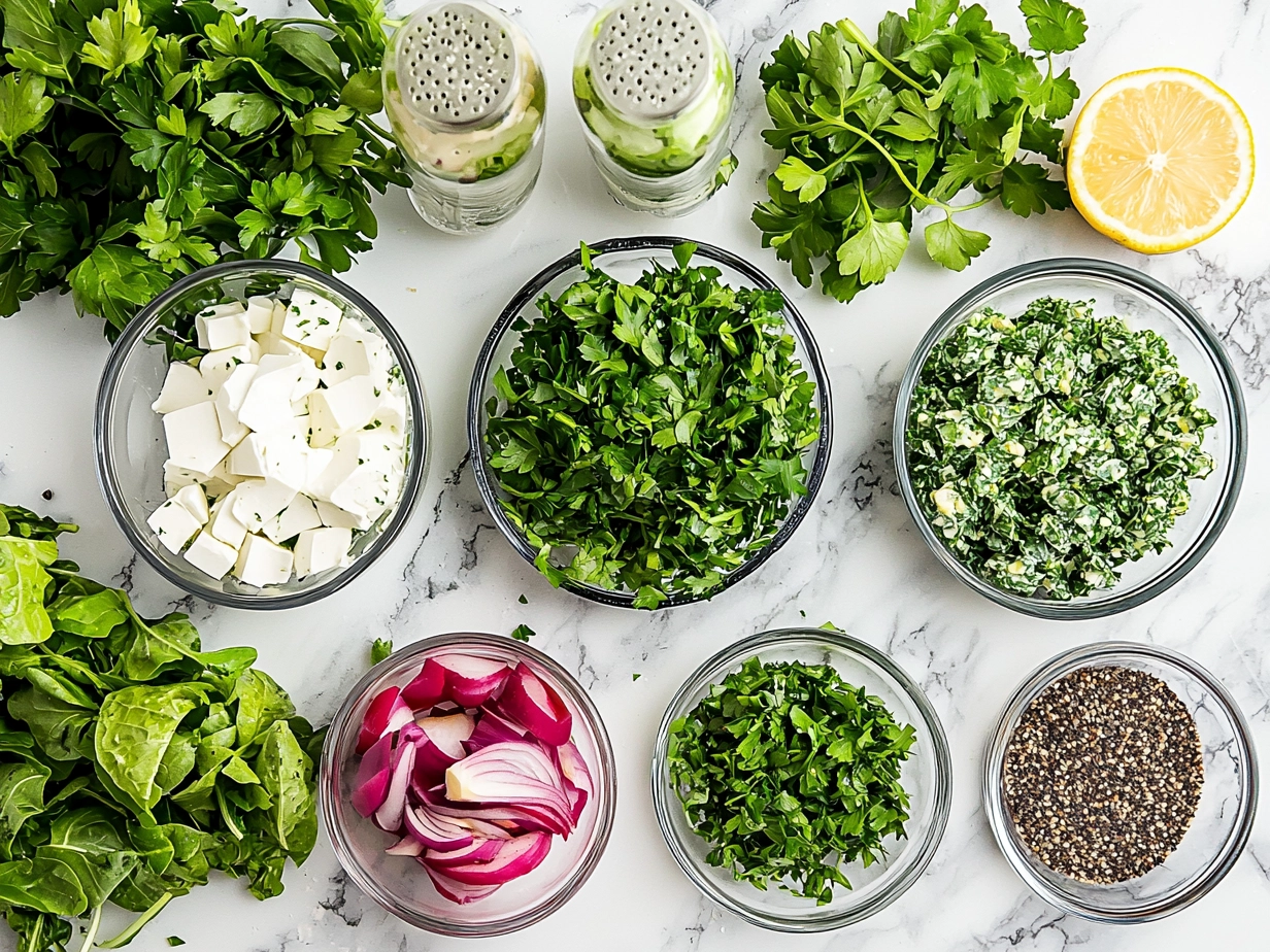 Ingredients for Copycat Panera Green Goddess Salad laid out on a table