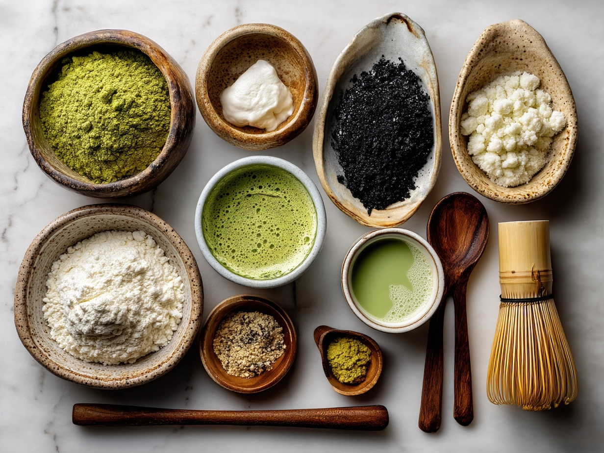 Ingredients for Copycat Starbucks Matcha Latte including matcha powder, hot water, milk, and simple syrup