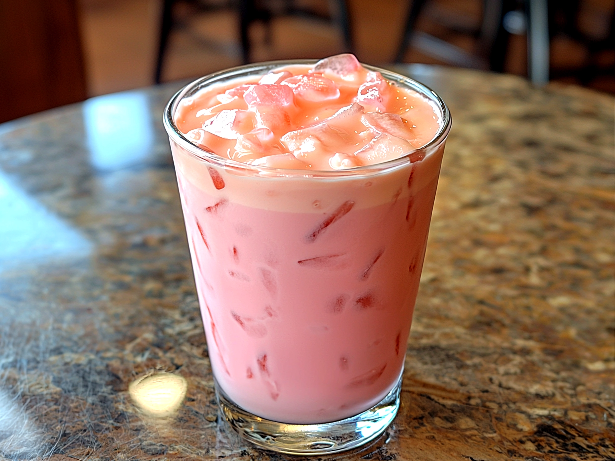 Glass of freshly made Copycat Starbucks Pink Drink with strawberry garnish