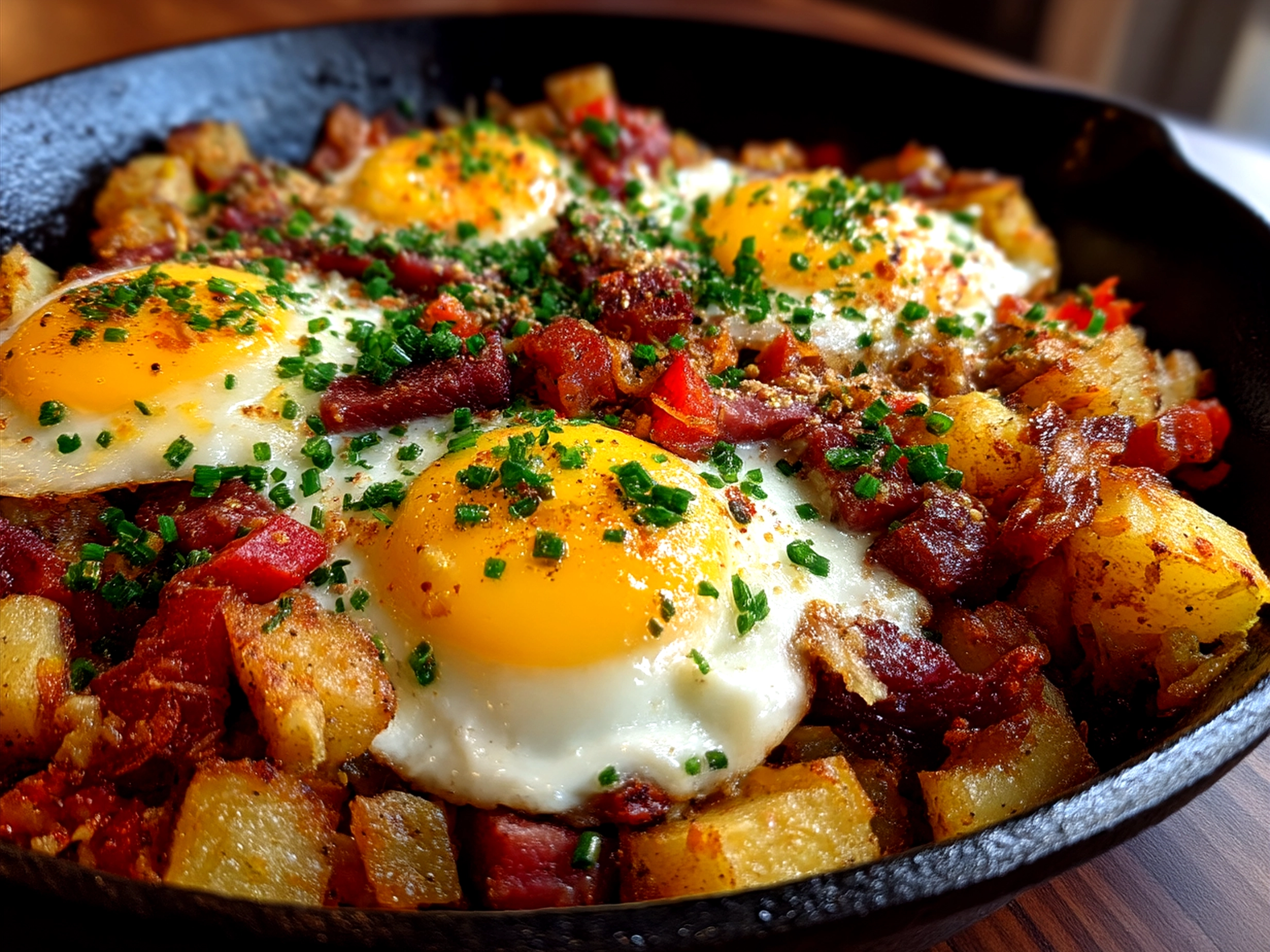 Served Corned Beef Hash Breakfast Skillet ready to eat