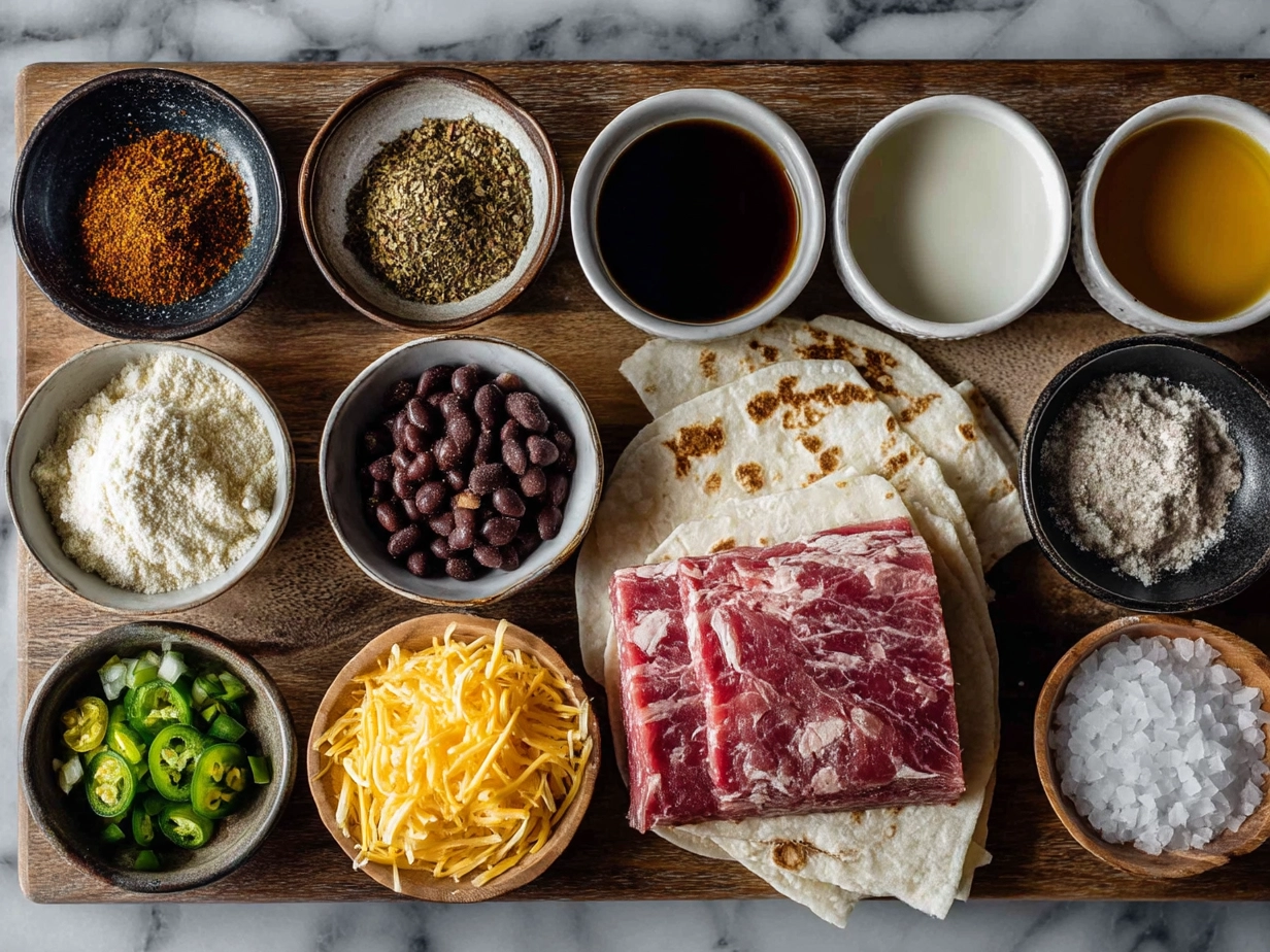 Ingredients for Corned Beef Quesadillas: cooked corned beef, flour tortillas, cheddar cheese, onions, bell peppers, spices, butter