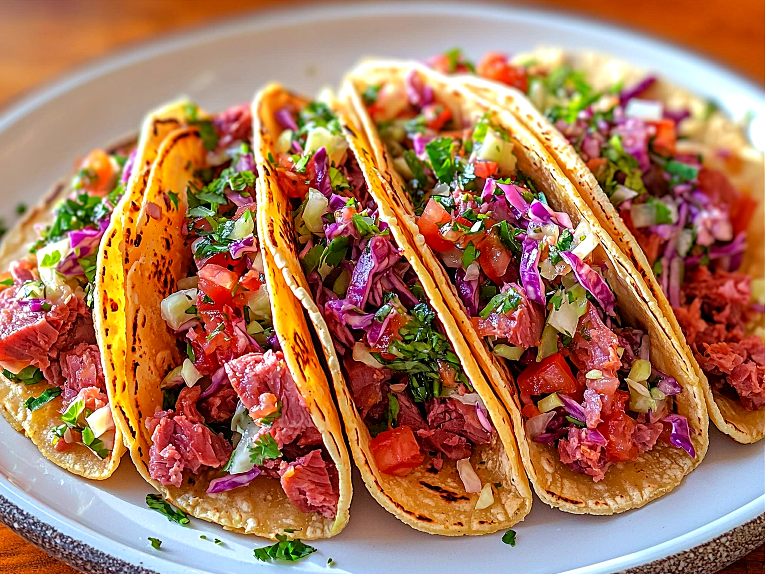 Freshly served Corned Beef Tacos with Cabbage Slaw with lime wedges