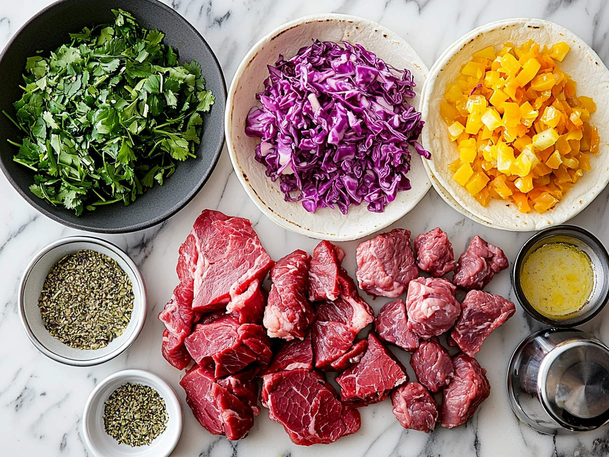 Ingredients for Corned Beef Tacos with Cabbage Slaw including corned beef, cabbages, tortillas, and spices
