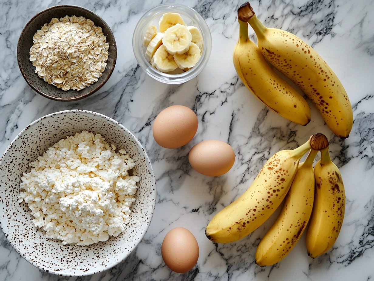 Ingredients for Cottage Cheese Banana Bread arranged on a countertop