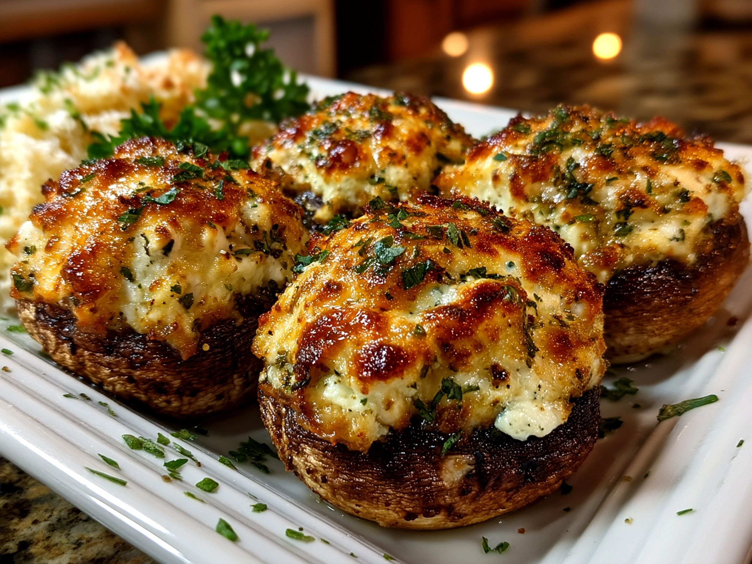 Cottage Cheese Herb Stuffed Mushrooms served on a plate with fresh vegetables