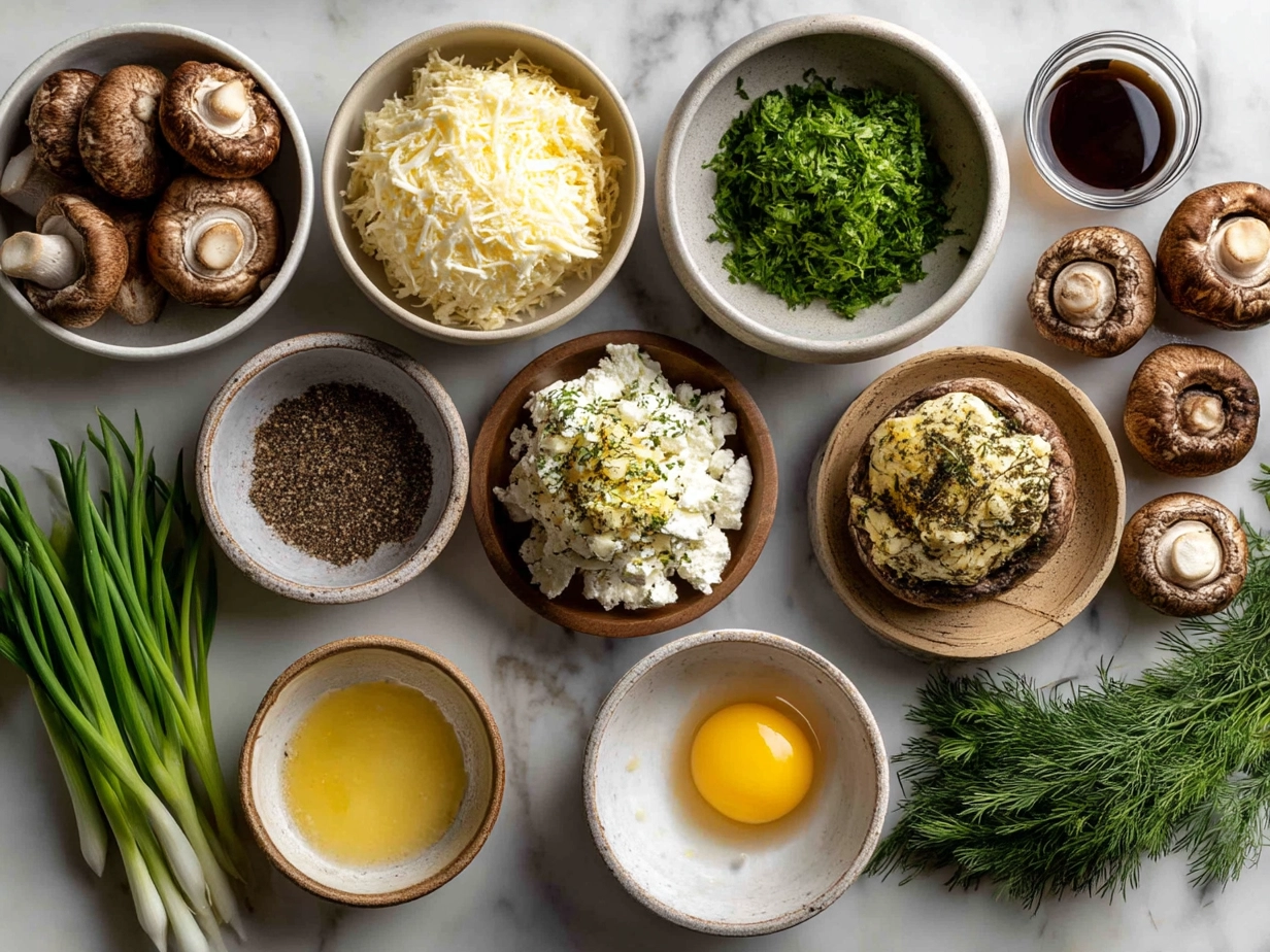 Ingredients for Cottage Cheese Herb Stuffed Mushrooms including mushrooms, cottage cheese, parsley, chives, and Parmesan cheese