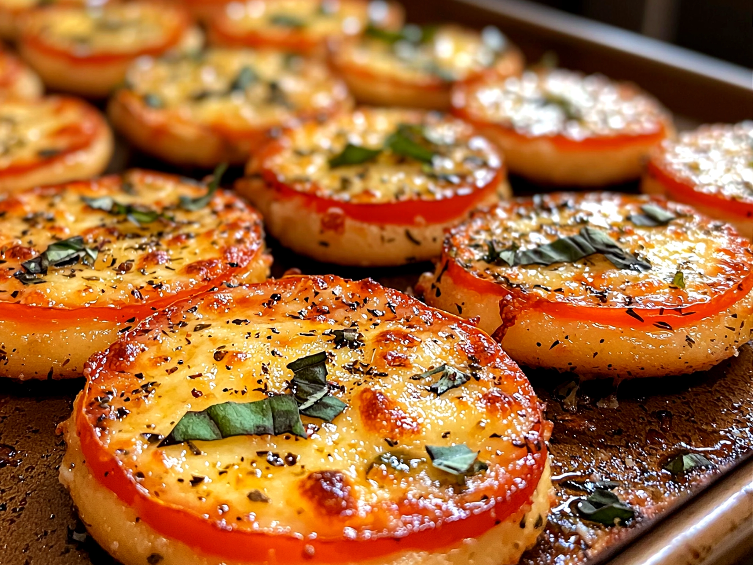 Cottage Cheese Pizza Bites served attractively on a platter with fresh basil leaves