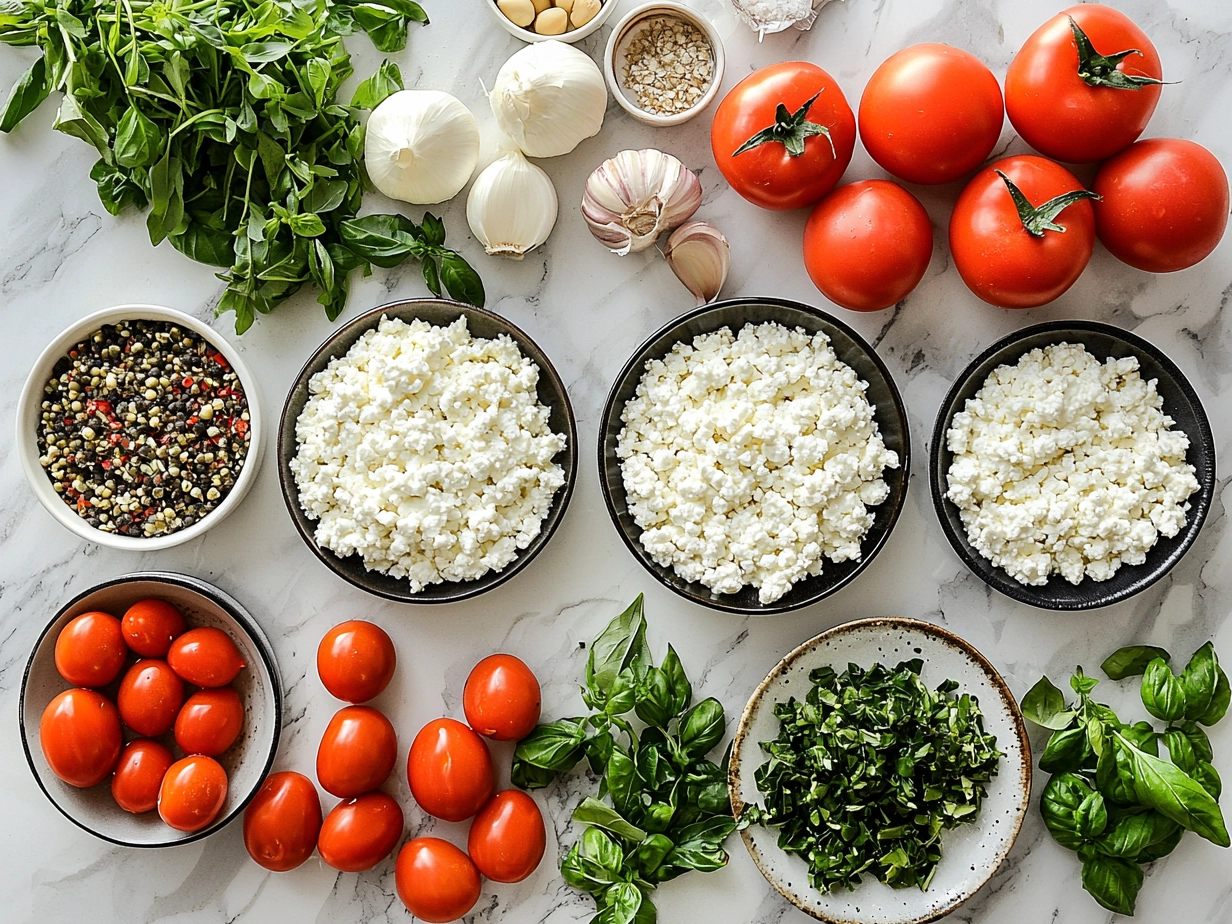 Ingredients for Cottage Cheese Pizza Bites including cottage cheese, mozzarella, flour, pizza sauce and spices