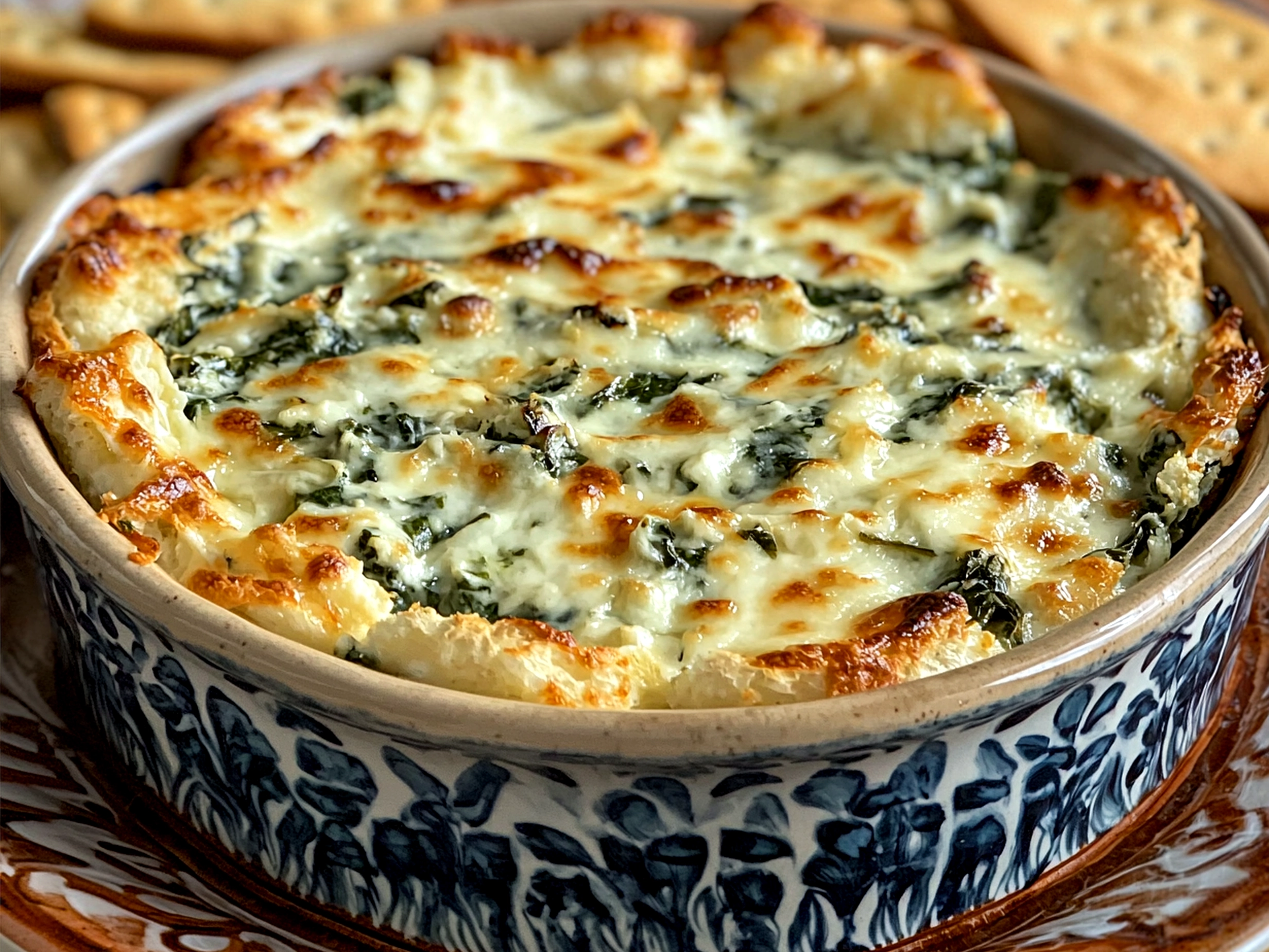 Serving bowl filled with creamy Cottage Cheese Spinach Dip surrounded by fresh vegetable sticks for dipping