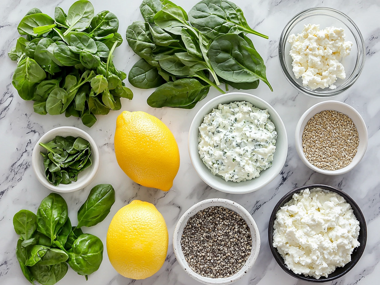 Ingredients laid out for Cottage Cheese Spinach Dip including cottage cheese, fresh spinach, shredded cheese, onion, and garlic