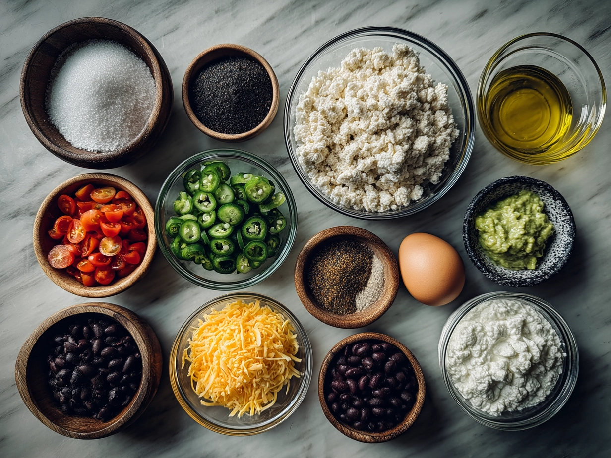 Ingredients for Cottage Cheese Taco Dip including cottage cheese, taco seasoning, tomatoes, green onions, cheddar cheese, olives, jalapeño, and lime juice