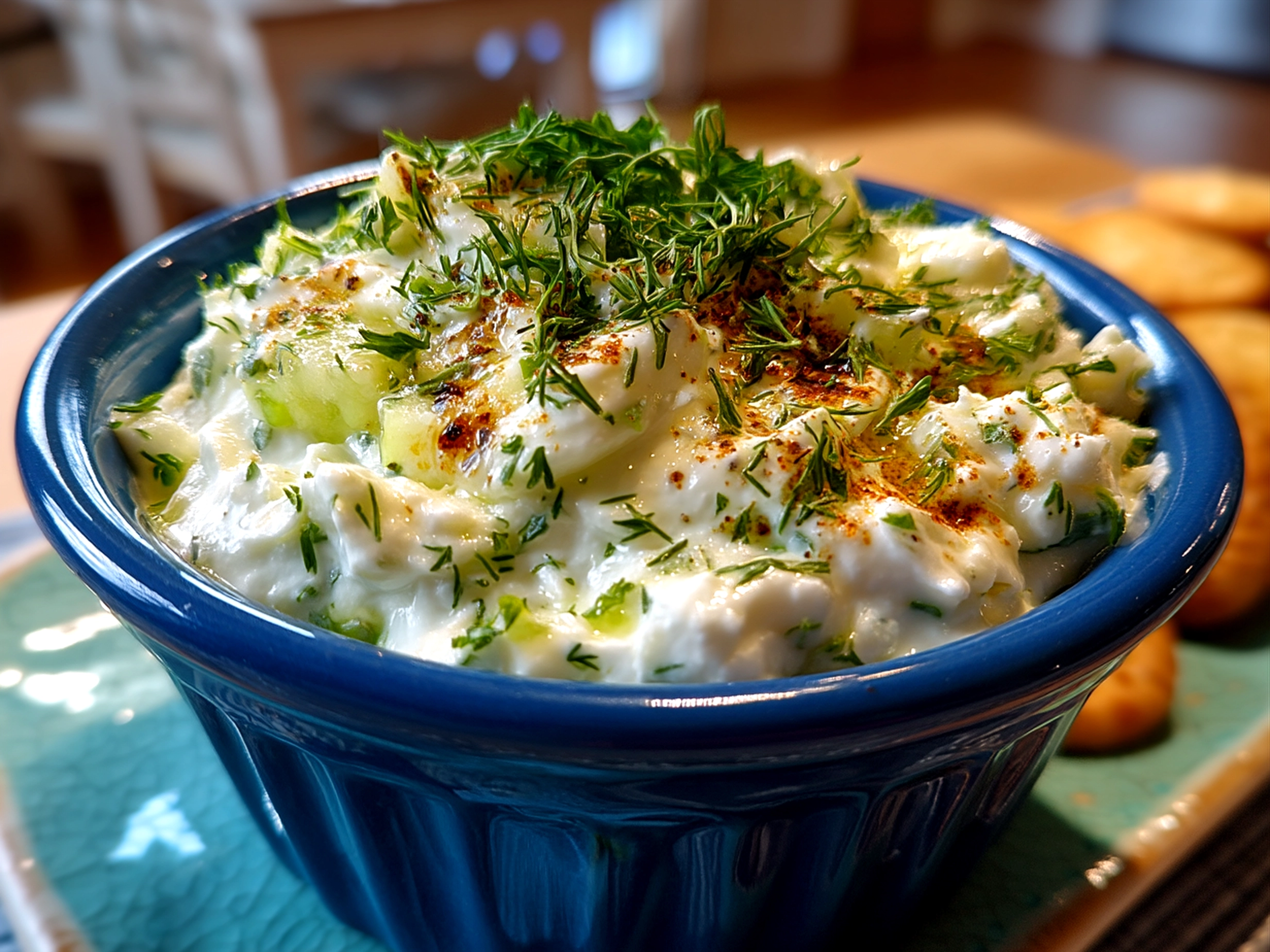 Creamy Cottage Cheese Tzatziki Dip served with fresh vegetable sticks and pita