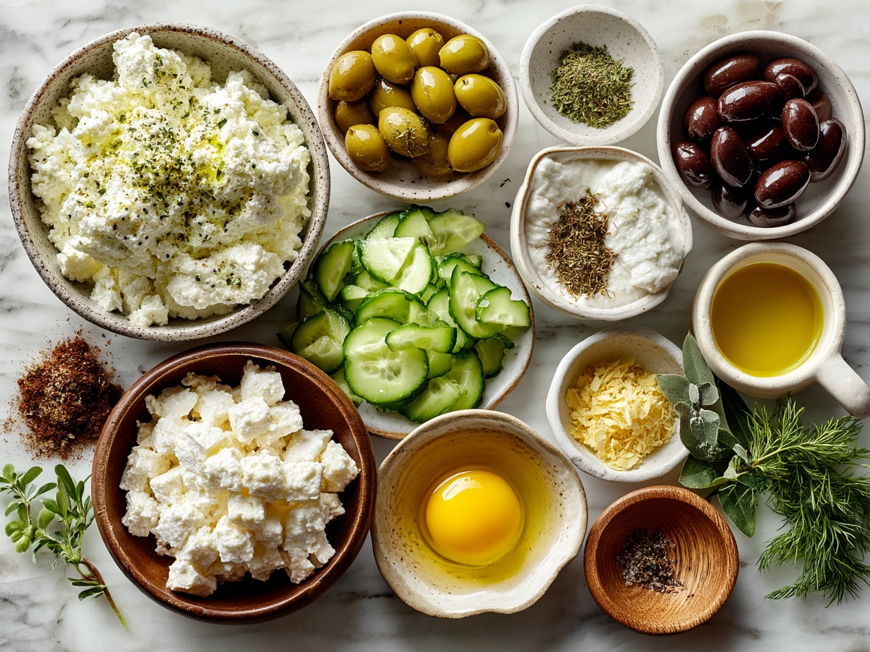Fresh ingredients for Cottage Cheese Tzatziki Dip including cottage cheese, cucumber, garlic, lemon, dill, and olive oil