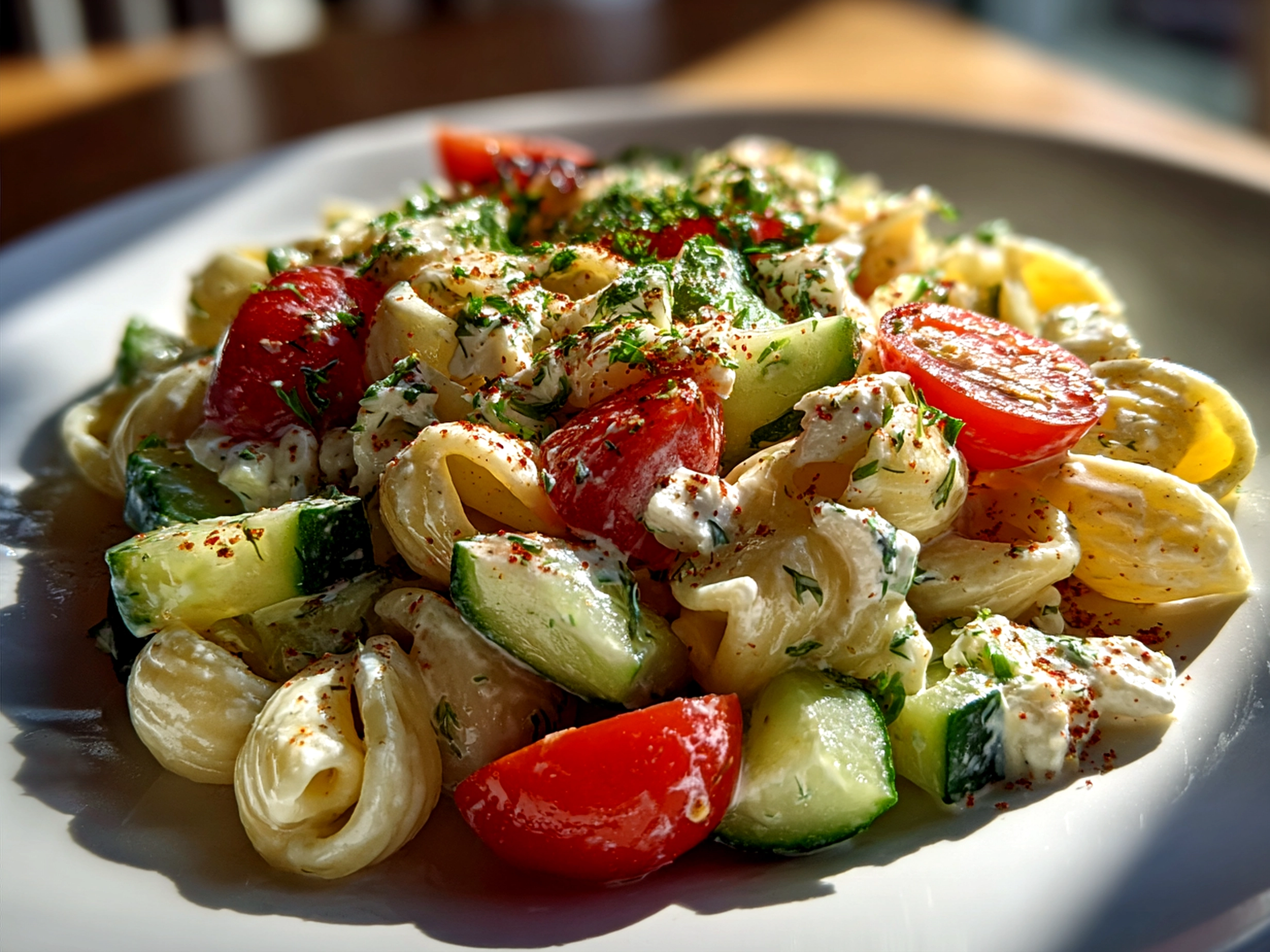 Cottage Cheese Tzatziki Pasta Salad