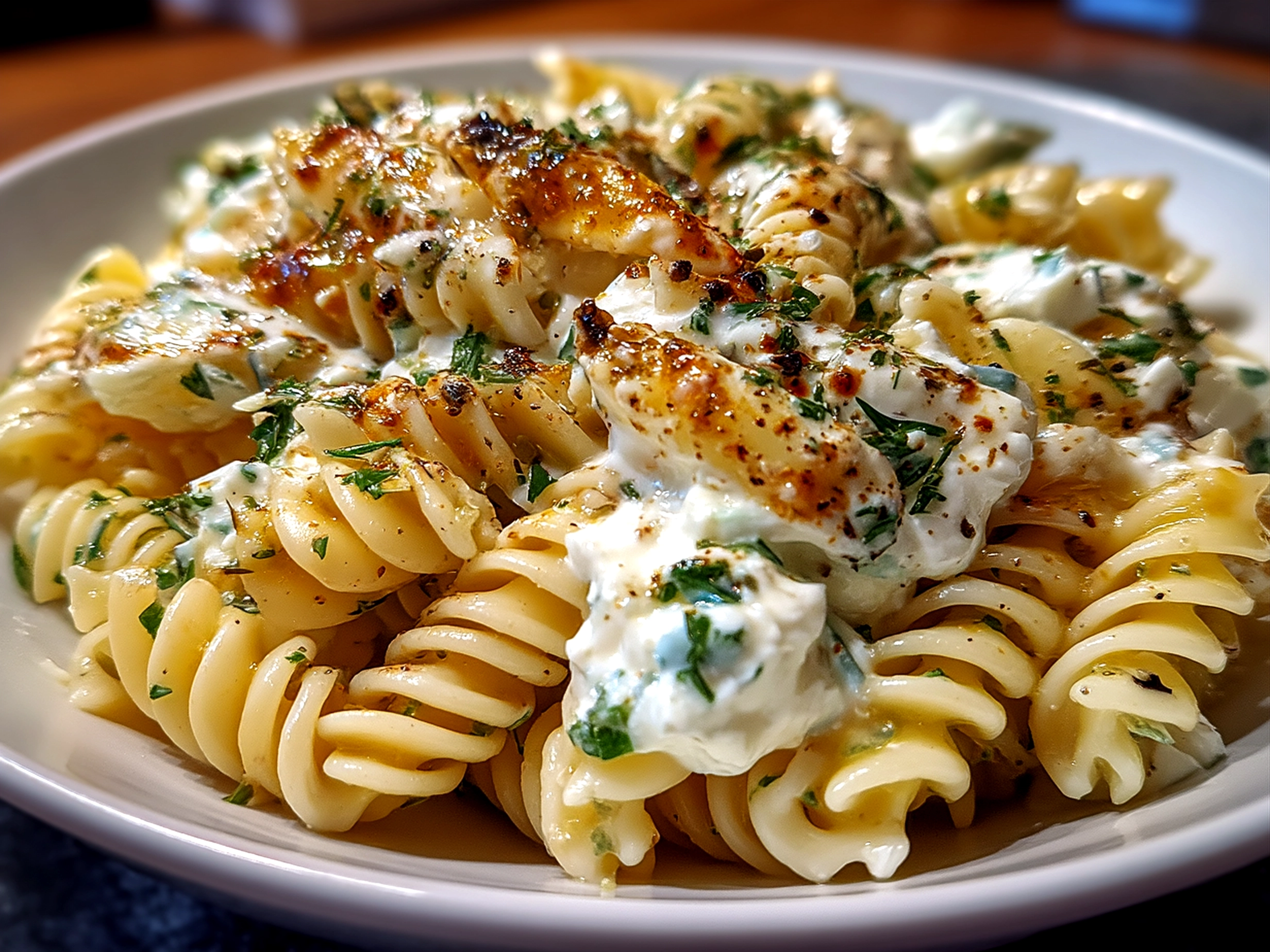 Creamy Cottage Cheese Tzatziki Pasta Salad served in a vibrant bowl with fresh herbs and vegetables