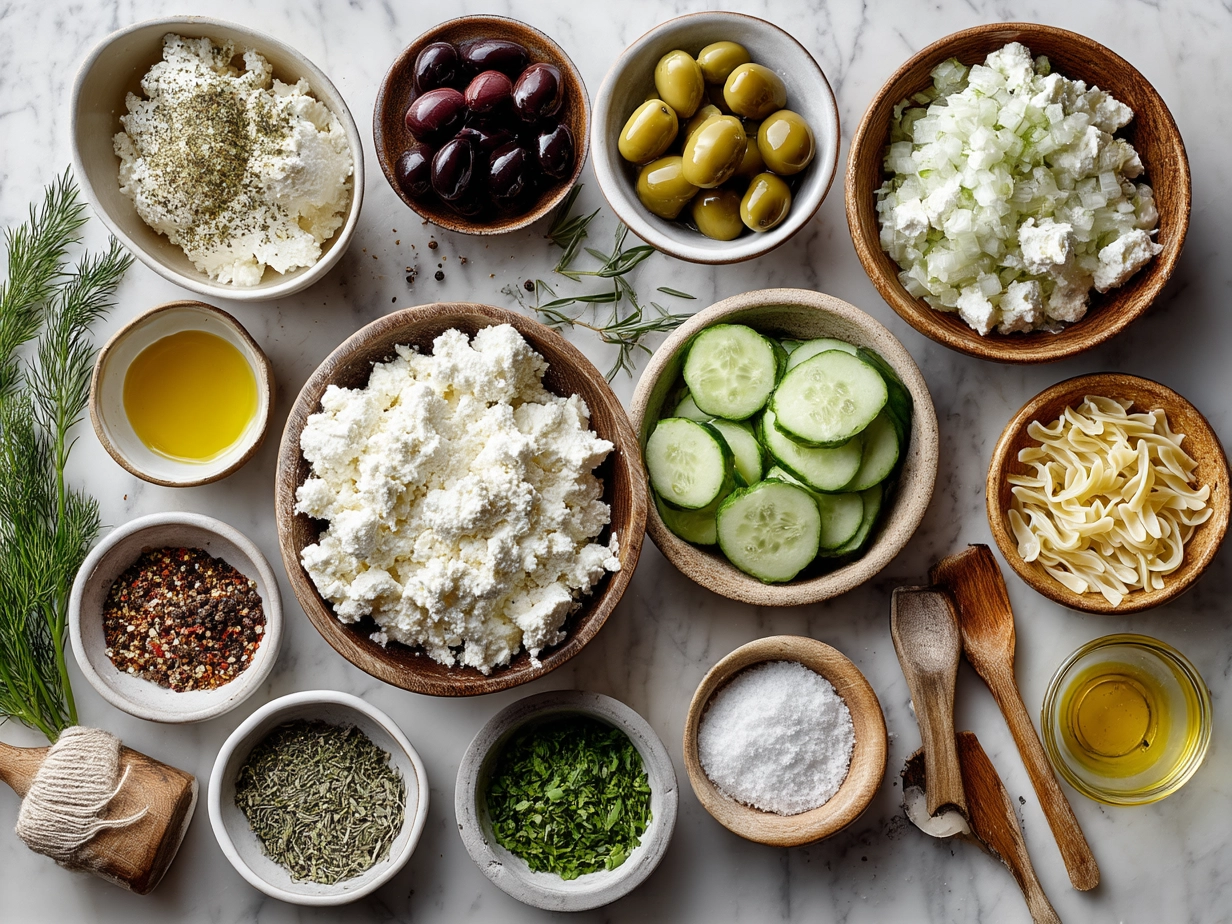 Ingredients for Cottage Cheese Tzatziki Pasta Salad including cooked pasta, cottage cheese, cucumber, garlic, dill, lemon, olive oil, onion, tomatoes, and olives