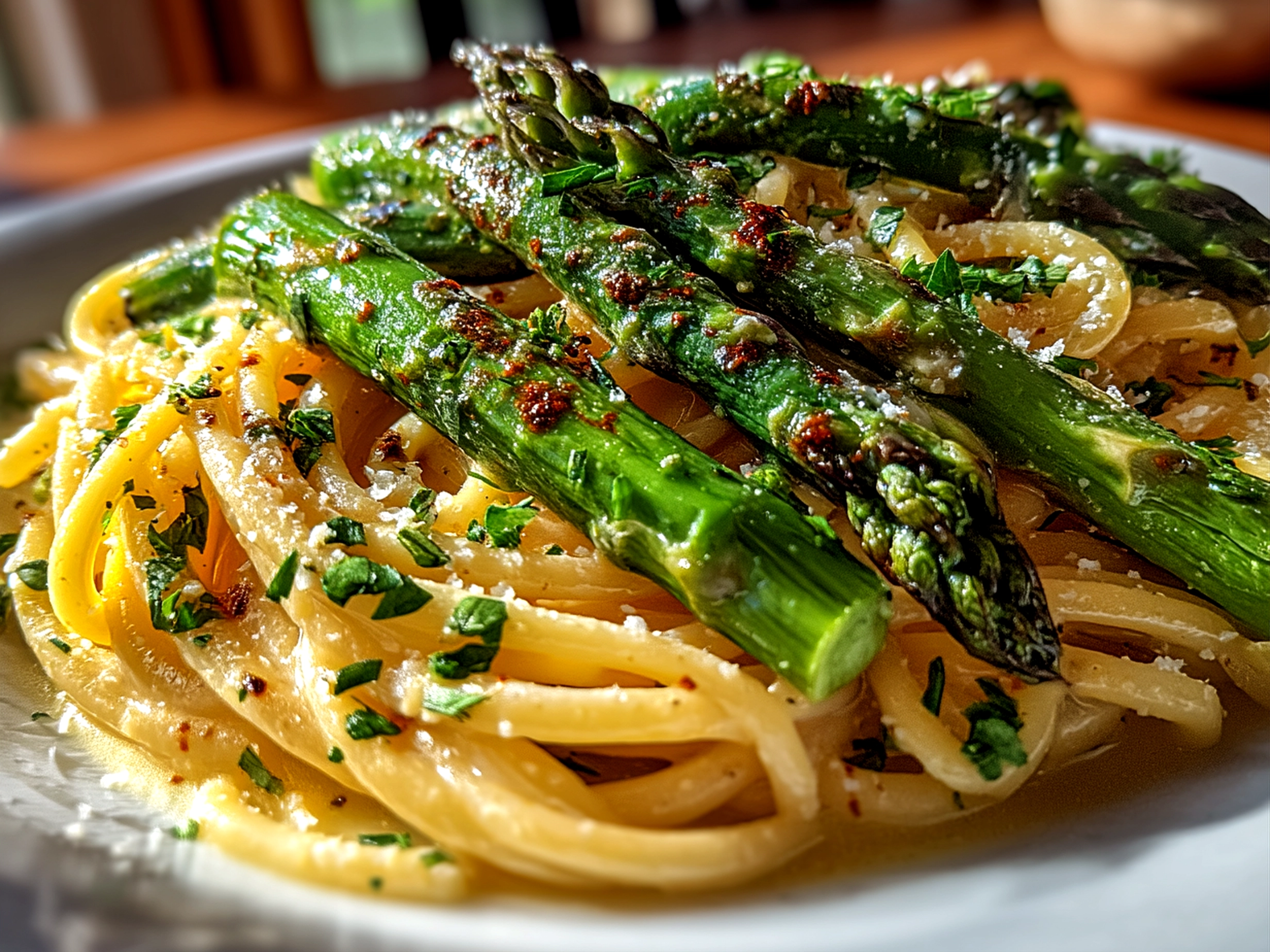 Serving of creamy asparagus pasta garnished with fresh herbs