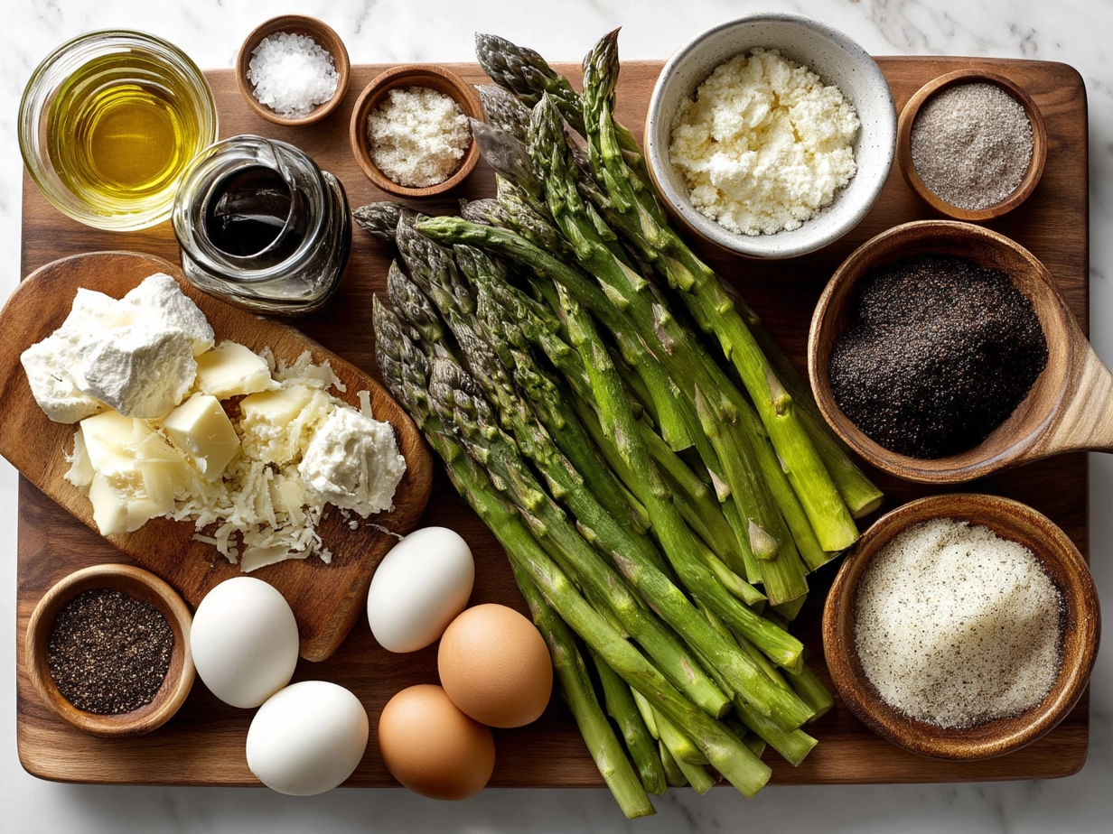 Ingredients for creamy asparagus pasta displayed on a countertop