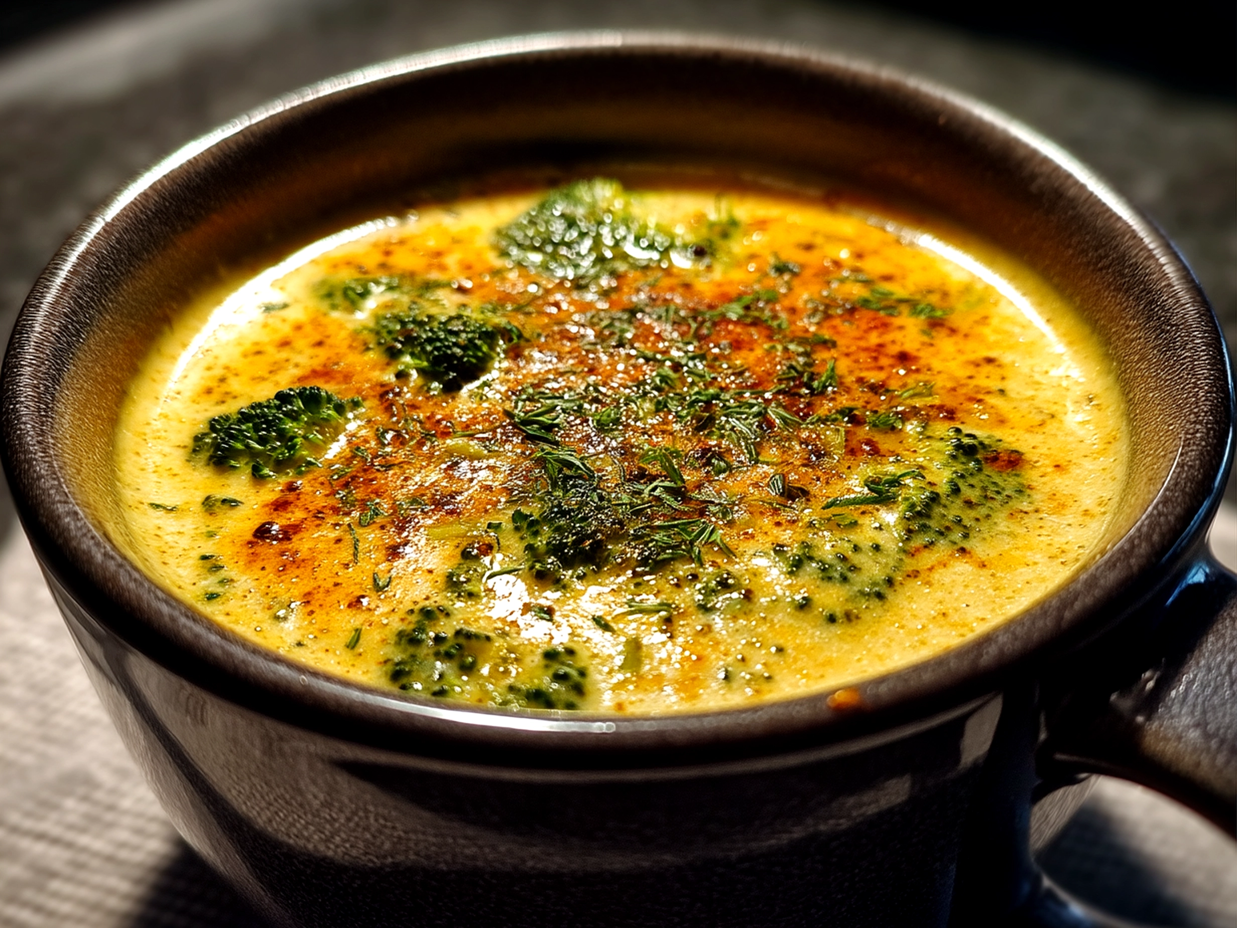 Serving creamy broccoli cheddar soup with crusty bread on the side