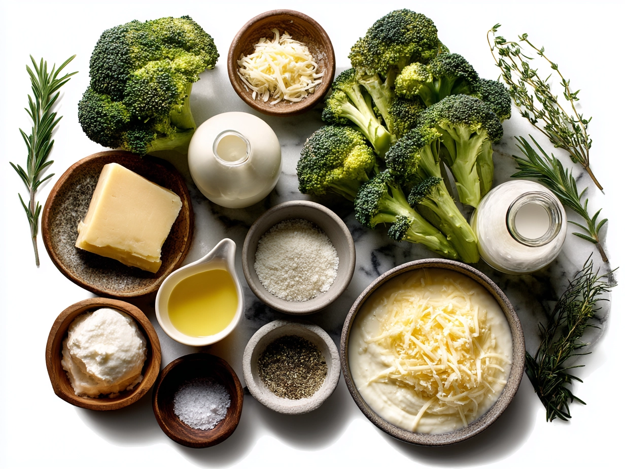Ingredients for creamy broccoli cheddar soup including fresh broccoli, onions, garlic, cheddar cheese, and broth