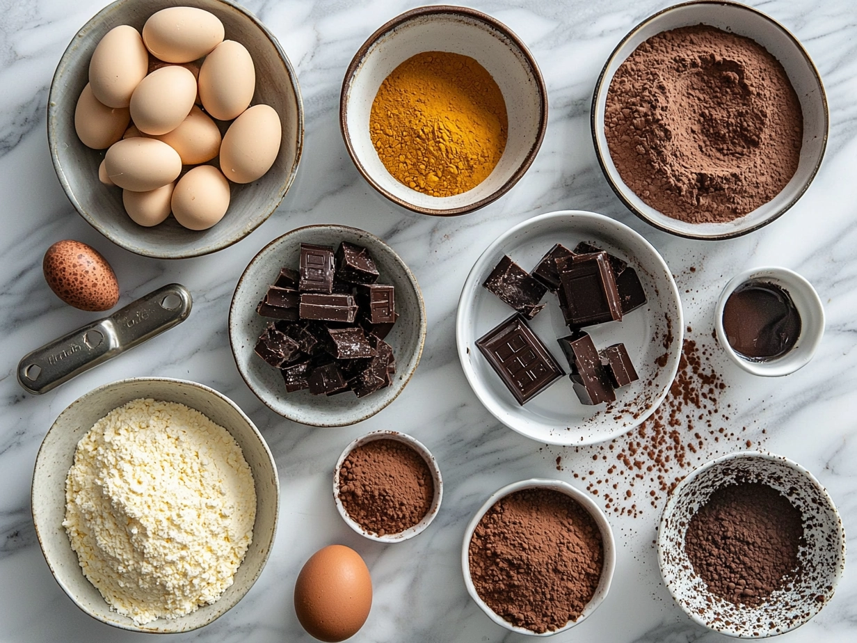Ingredients for Creme Egg Brownies including butter, sugar, eggs, flour, cocoa powder, salt, and Cadbury Creme Eggs
