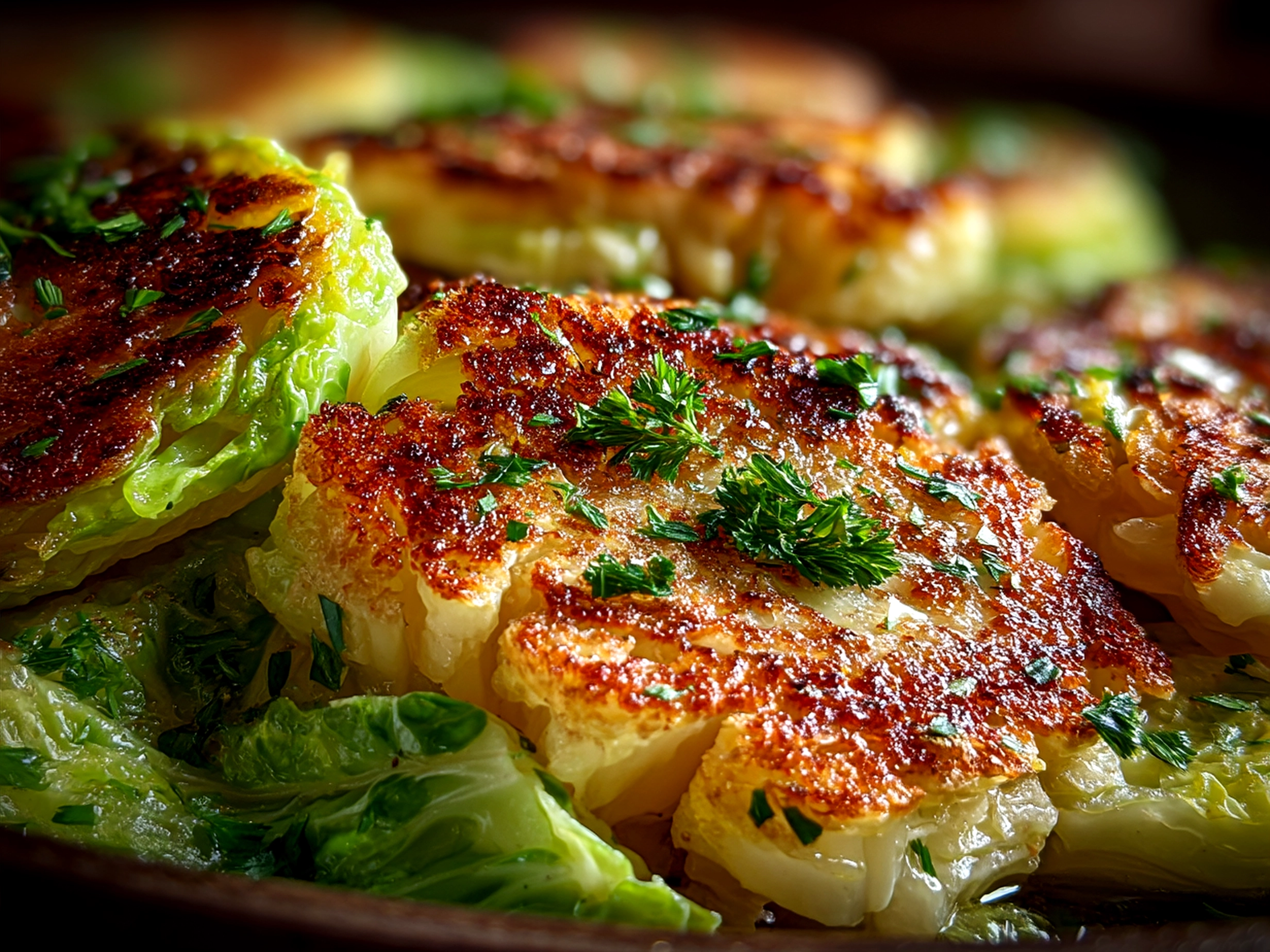 Serving Crispy Smashed Cabbage Steaks with Garlic Butter on a platter garnished with parsley