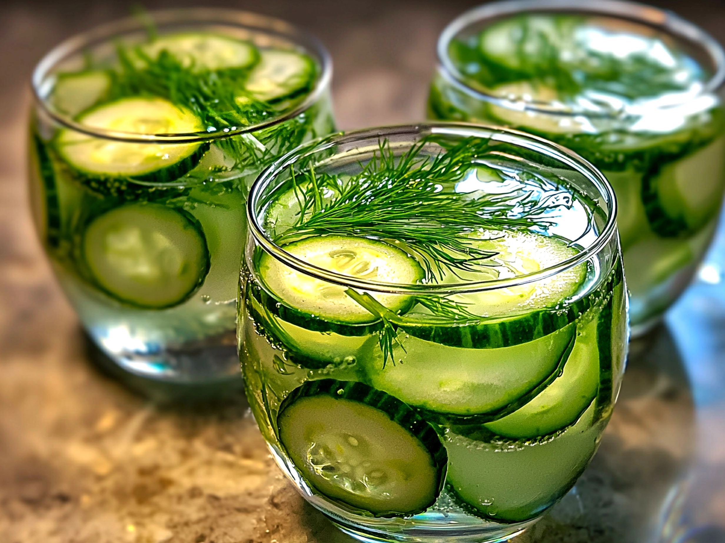 Glass pitcher and glasses filled with refreshing Cucumber Dill Spa Water