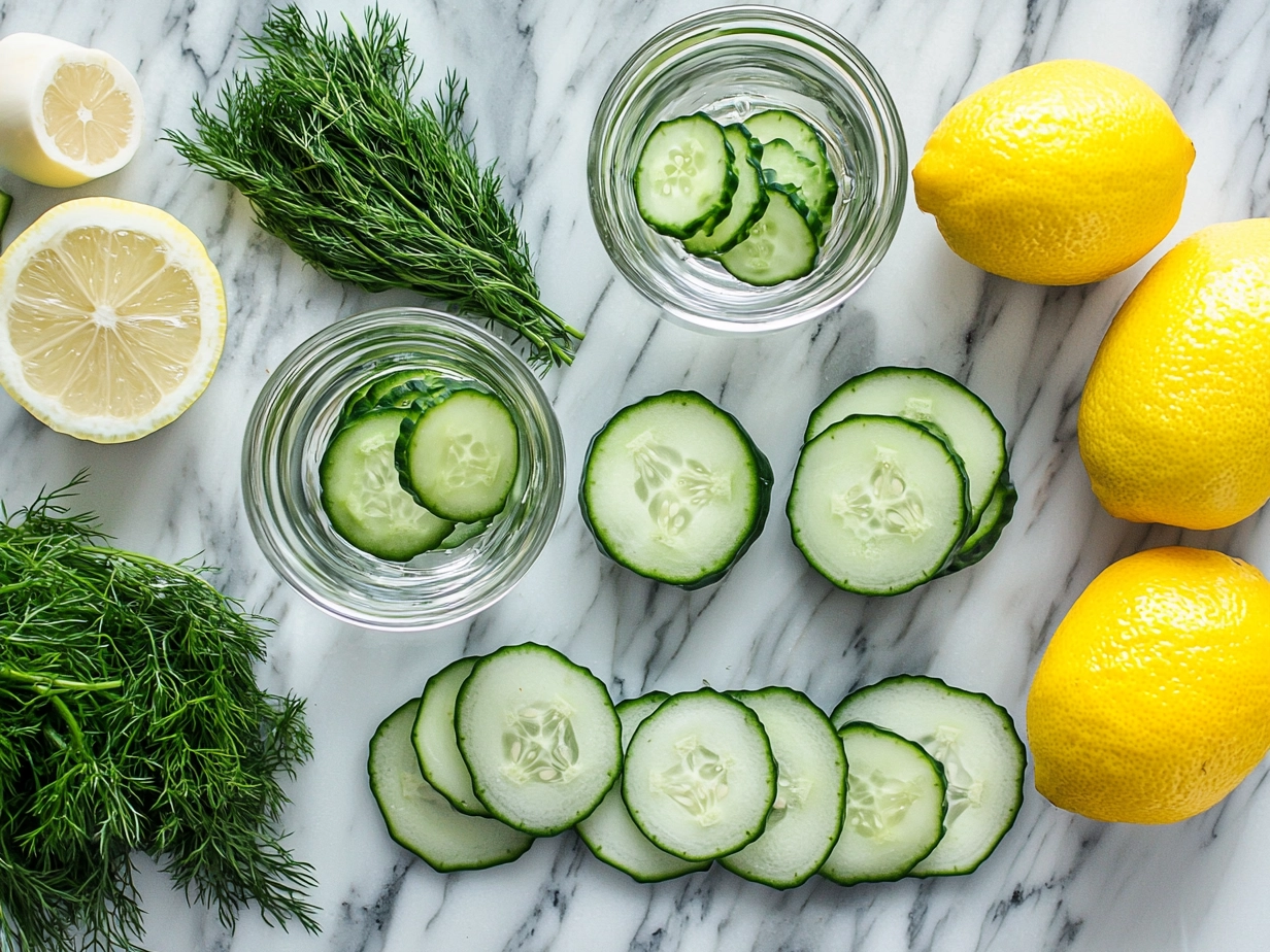 Ingredients for Cucumber Dill Spa Water: sliced cucumber, fresh dill, lemon slices, and water
