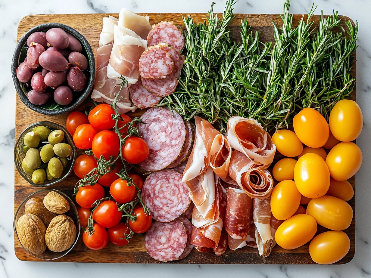 Easter Brunch Charcuterie Board Ingredients with assorted cheeses, meats, fresh berries, nuts, and crackers