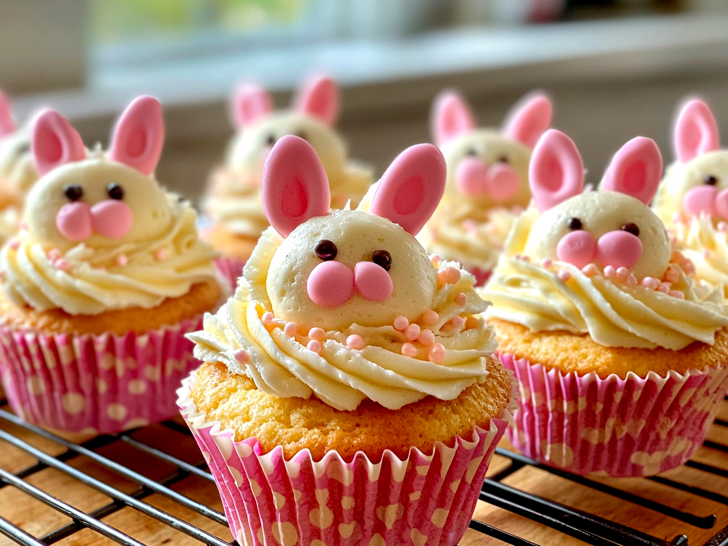 Decorated Easter Bunny Cupcakes served on a platter