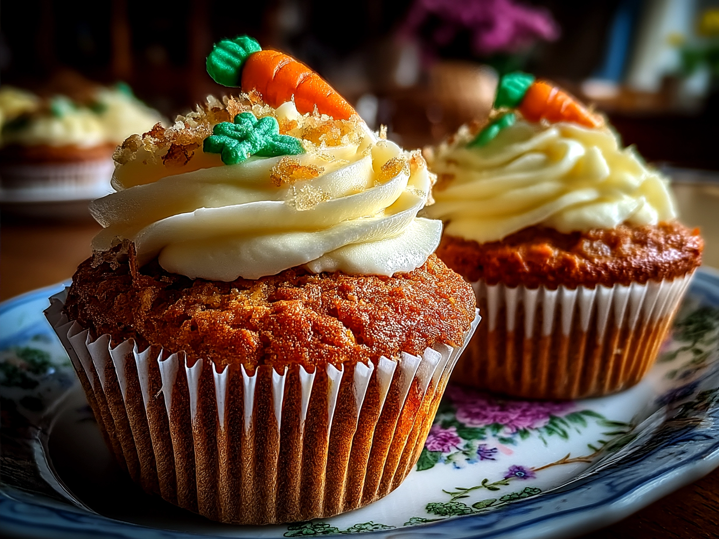 Easter Carrot Cake Cupcakes ready to serve on plate