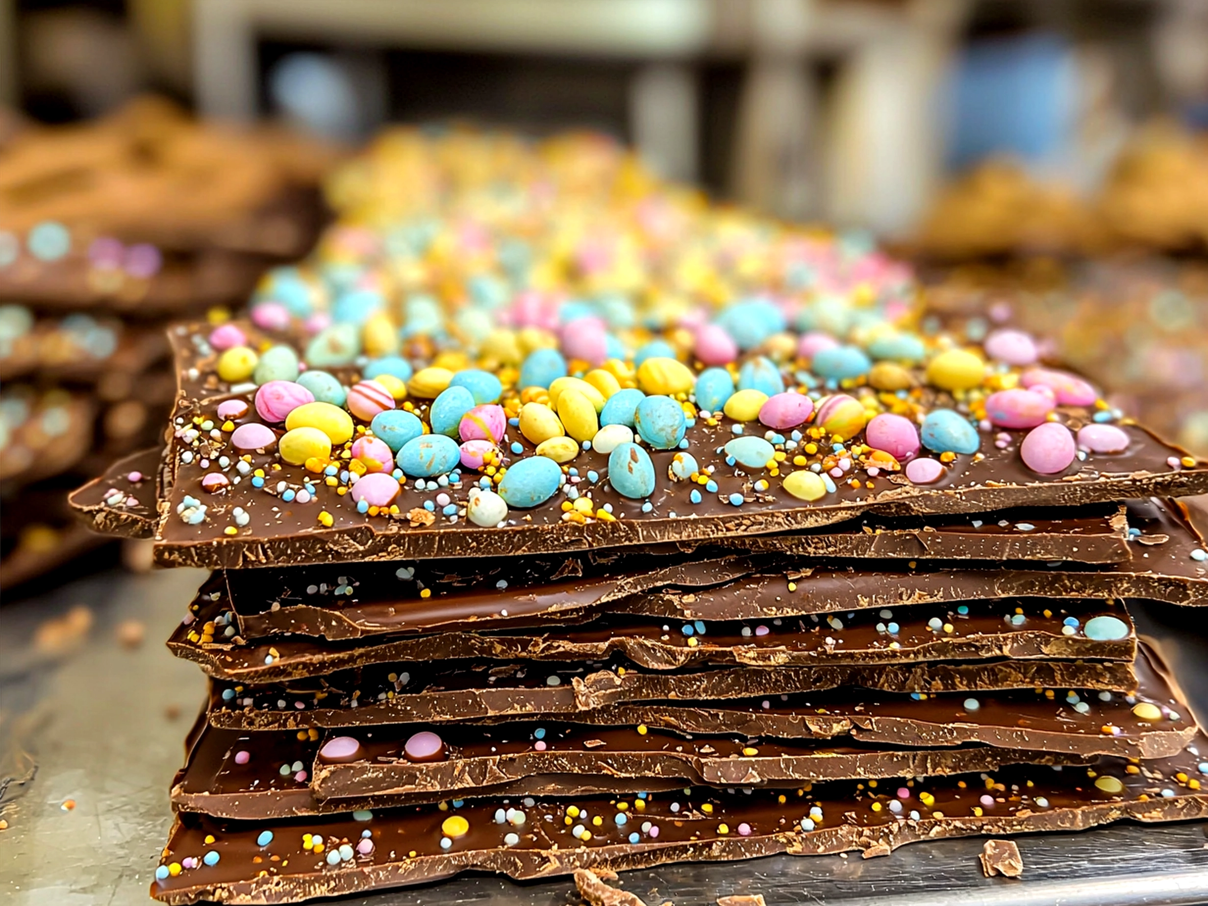 Easter Chocolate Bark Candy arranged on a white ceramic serving board with pastel candies and fresh mint leaves