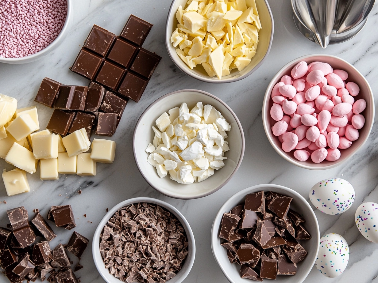 Ingredients for Easter Chocolate Bark Candy: chocolate, white chocolate chips, pastel-colored candy eggs, nuts, sprinkles, vanilla, and sea salt