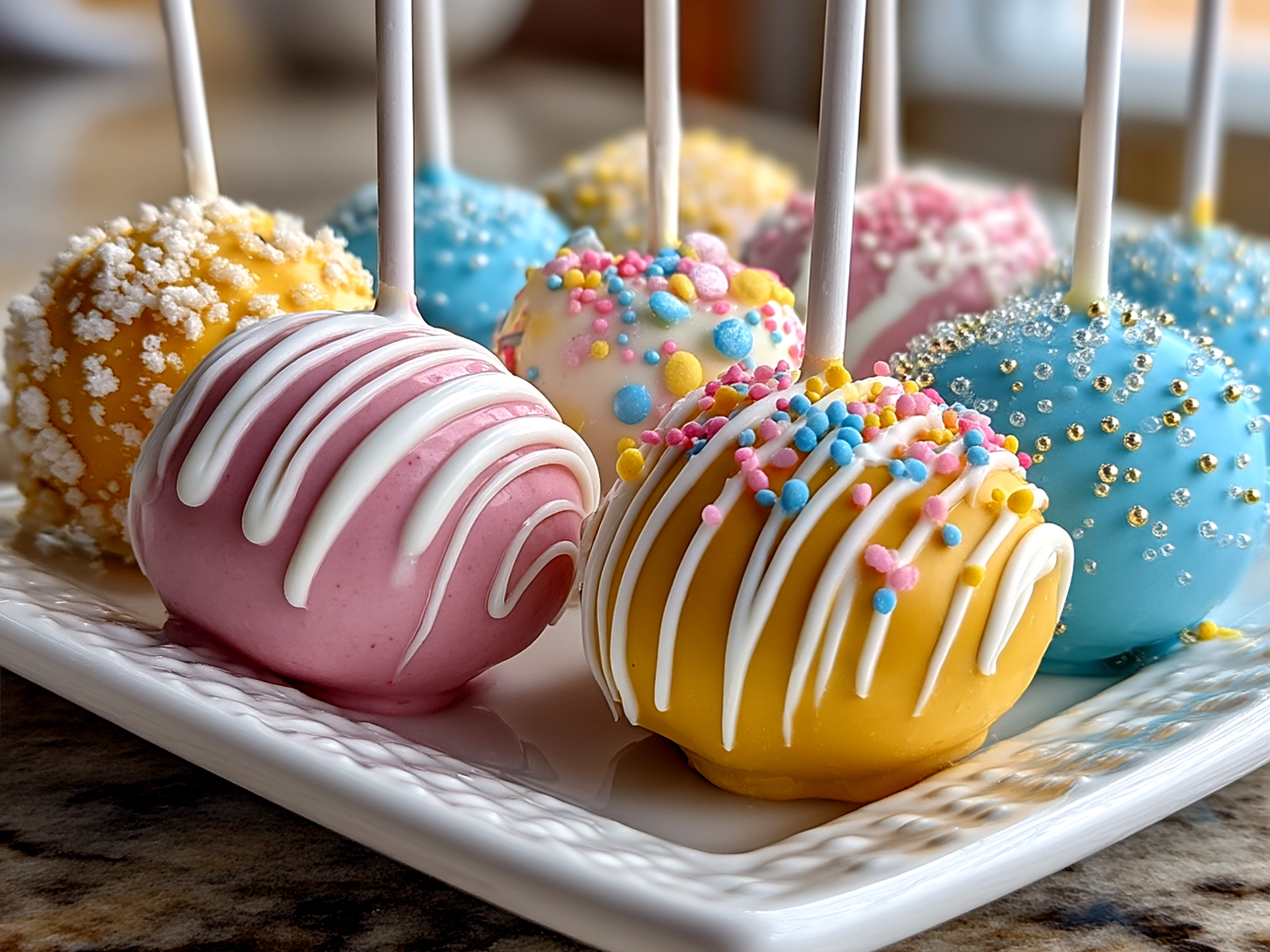 A lovely serving platter displaying pastel-colored Easter Egg Cake Pops decorated with sprinkles and placed on lollipop sticks