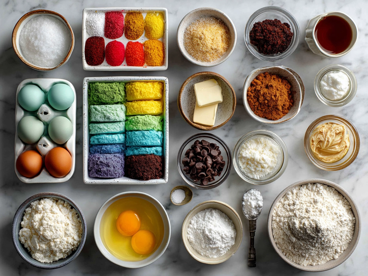 Ingredients for Easter Egg Cake Pops arranged on a table with colorful candy melts, sprinkles and frosting