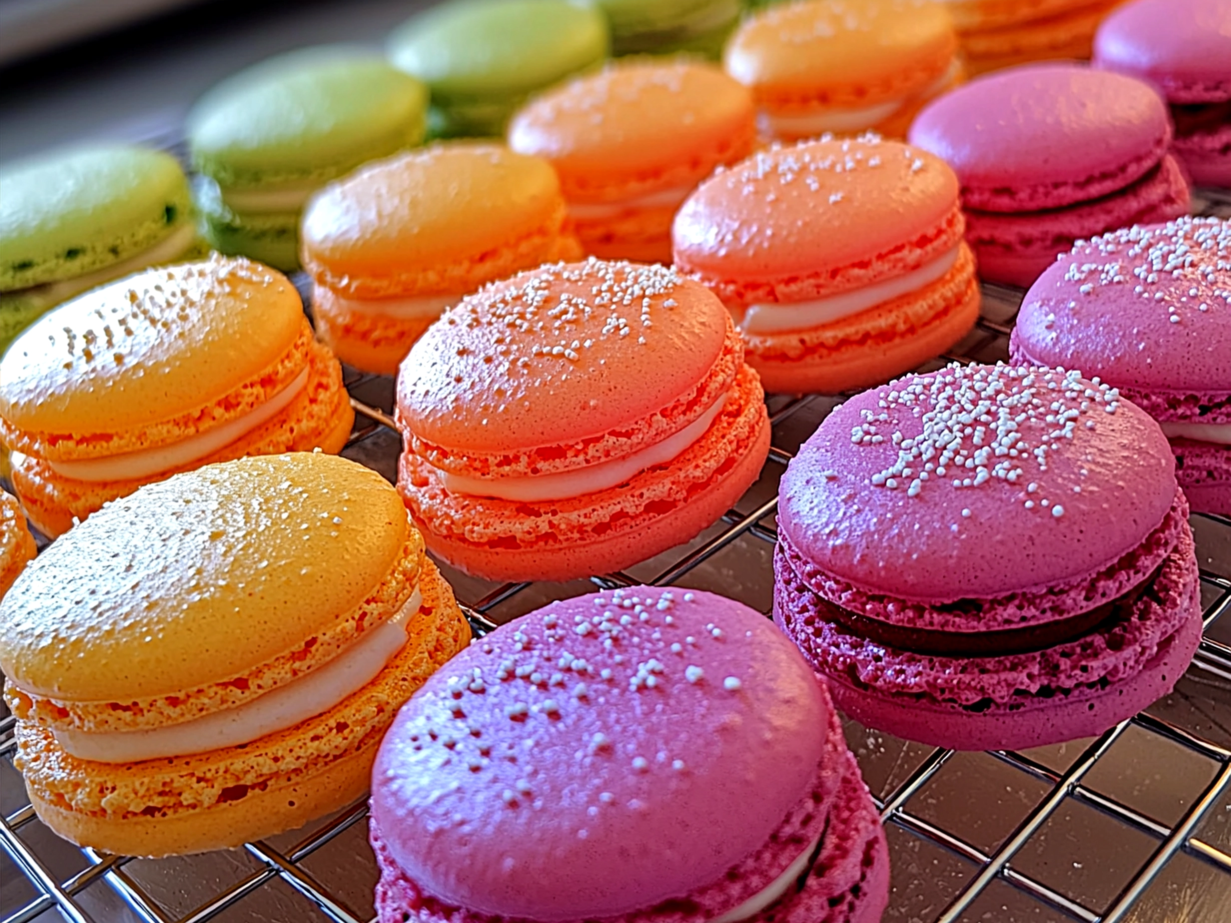 Beautifully arranged pastel Easter Egg Macarons on a spring-themed platter
