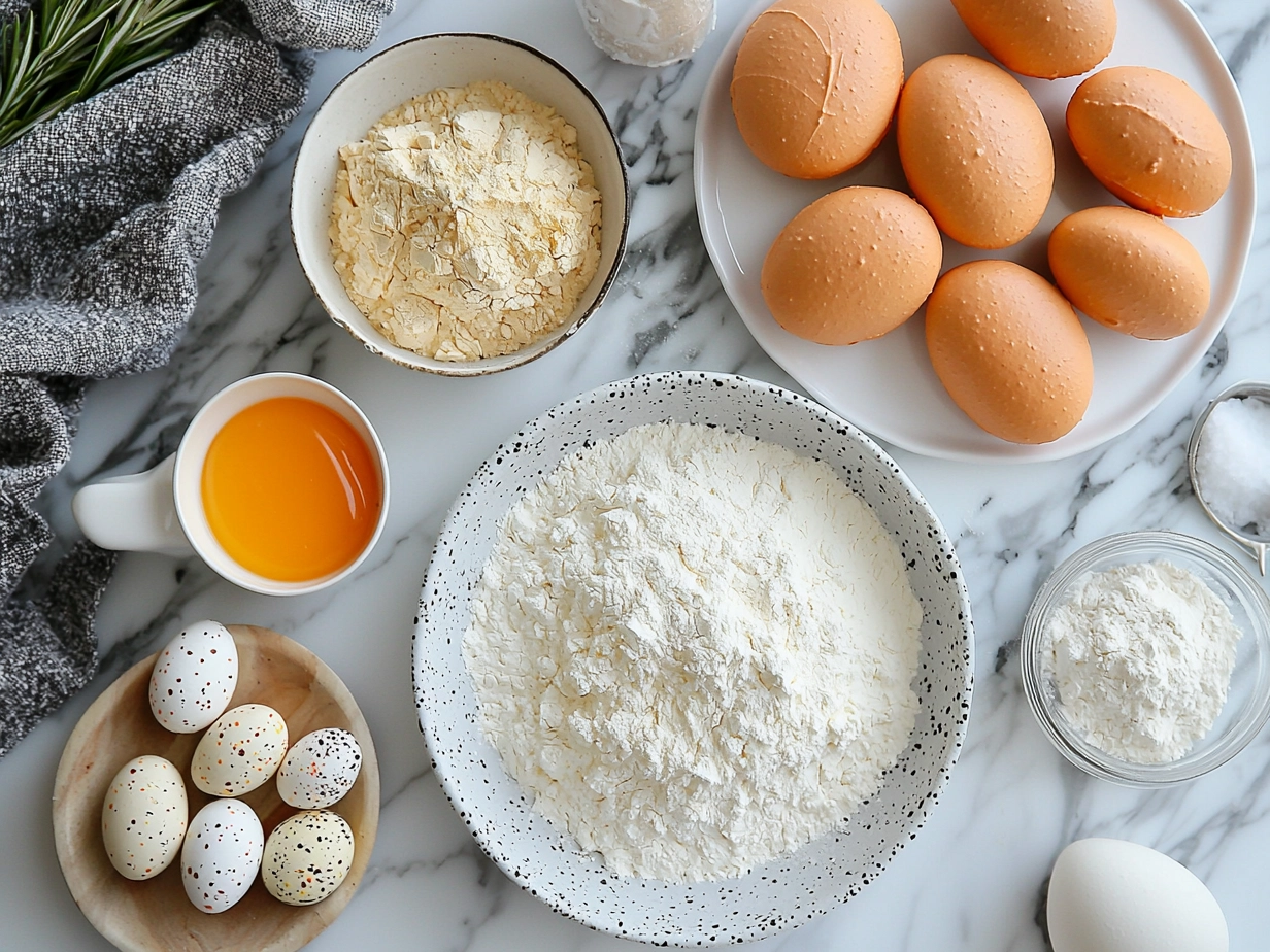 Ingredients for Easter Egg Macarons showing almond flour, powdered sugar, egg whites, and pastel food coloring