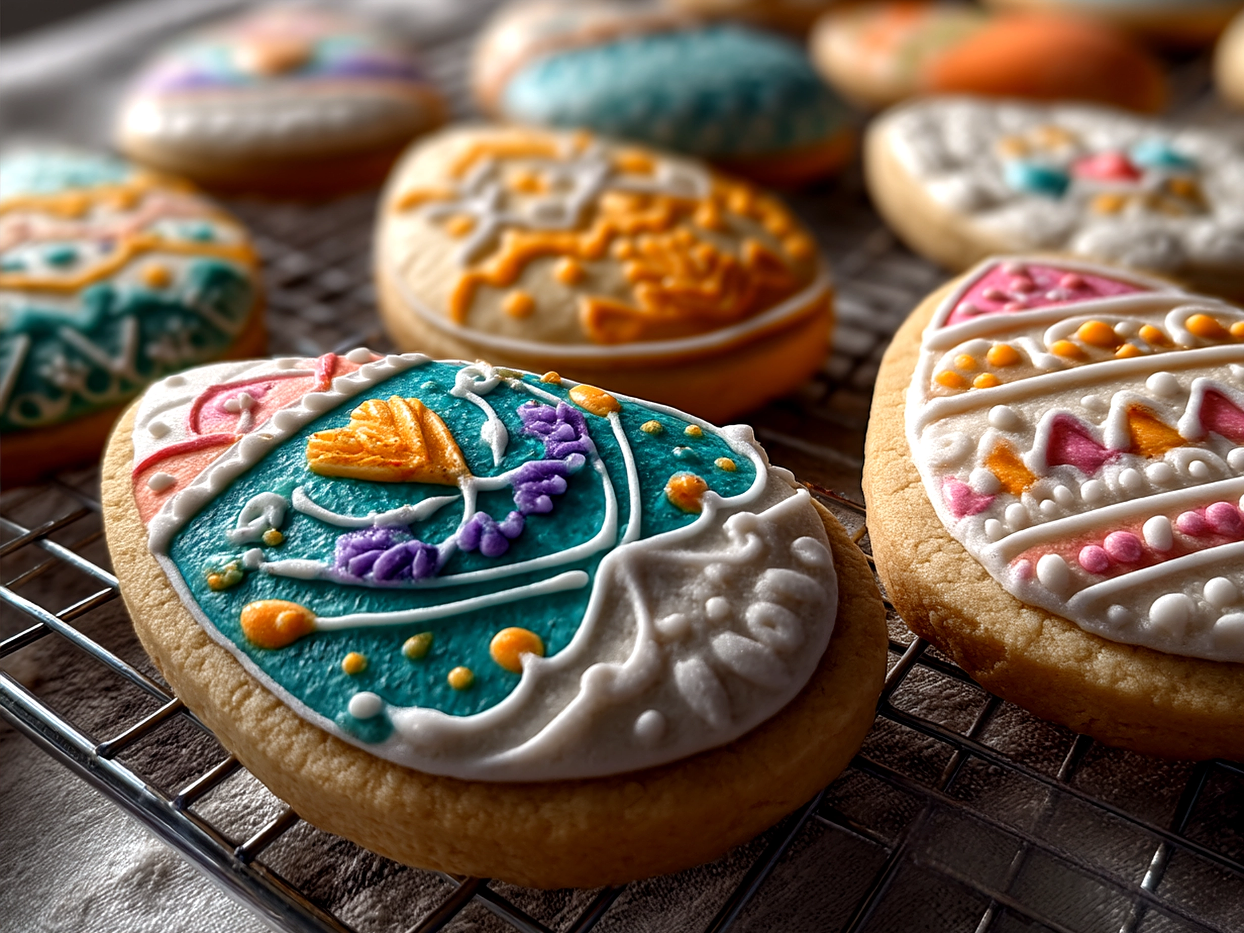 Colorful decorated Easter Egg Sugar Cookies served on a festive platter