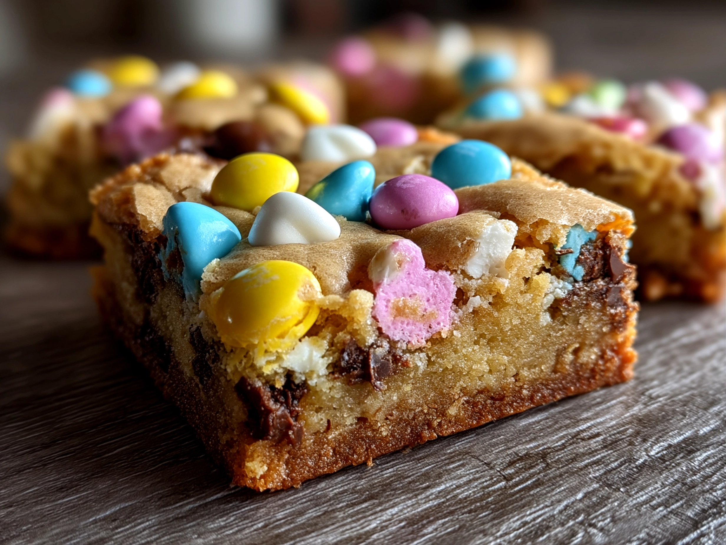 Freshly baked Easter MM Cookie Bars arranged on a pastel plate