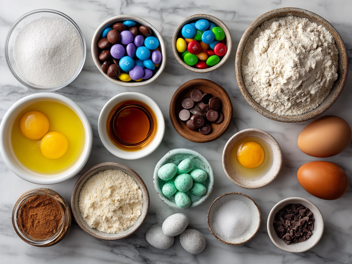 Ingredients for Easter MM Cookie Bars laid out on a kitchen counter