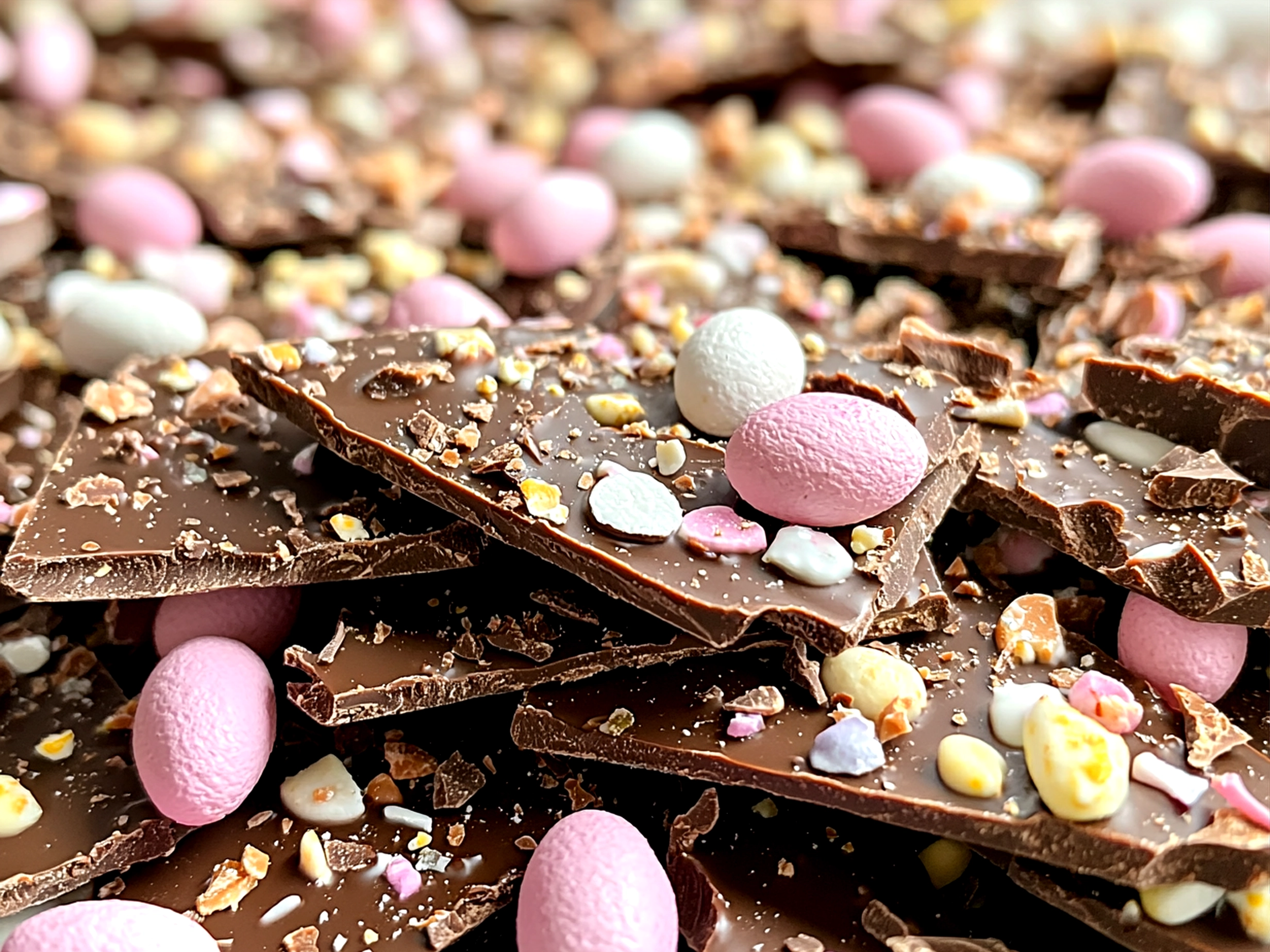 Easter Nest Chocolate Bark pieces arranged on a pastel-colored platter with candy eggs
