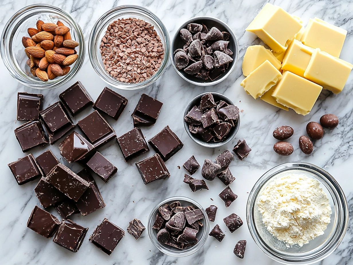 Ingredients for Easter Nest Chocolate Bark including chocolate chips, candy eggs, nuts, and shredded coconut