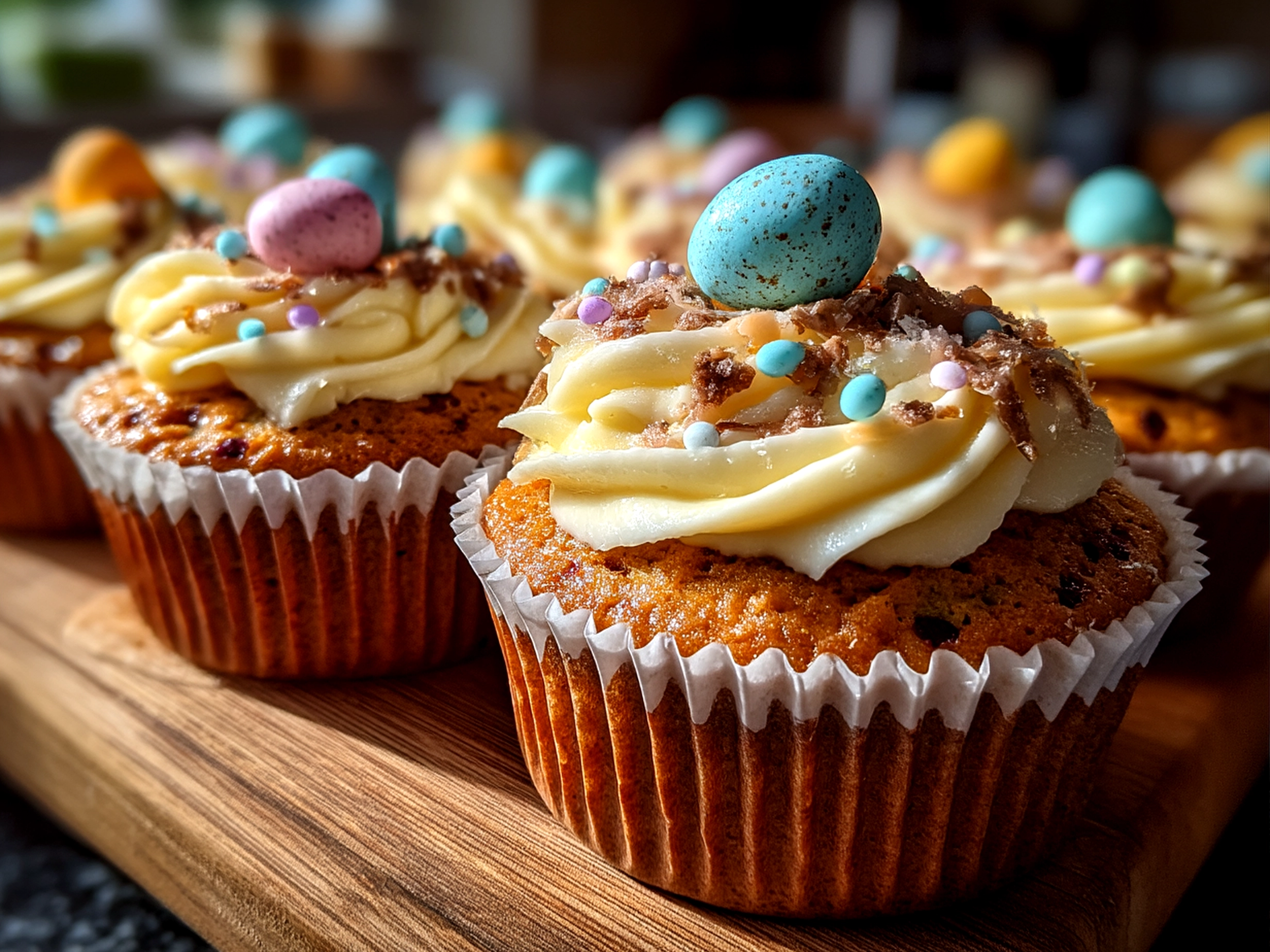 Colorful Easter Nest Cupcakes decorated with candy eggs on a pastel platter, perfect for spring dessert