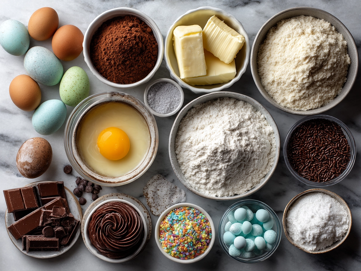 Ingredients for Easter Nest Cupcakes including flour, cocoa powder, sugar, eggs, butter, and candies