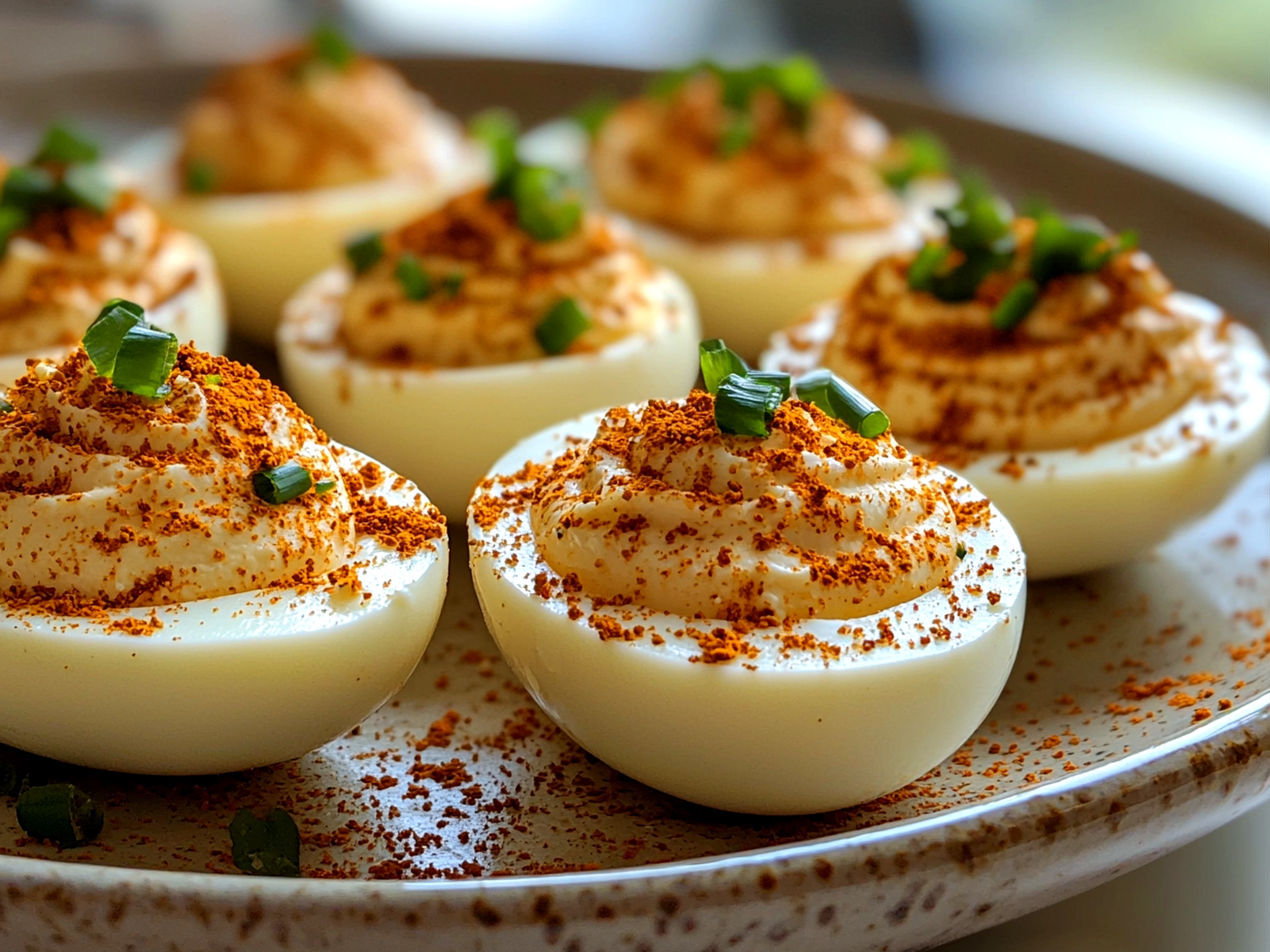 Serving Easy Homemade Deviled Eggs on platter for party