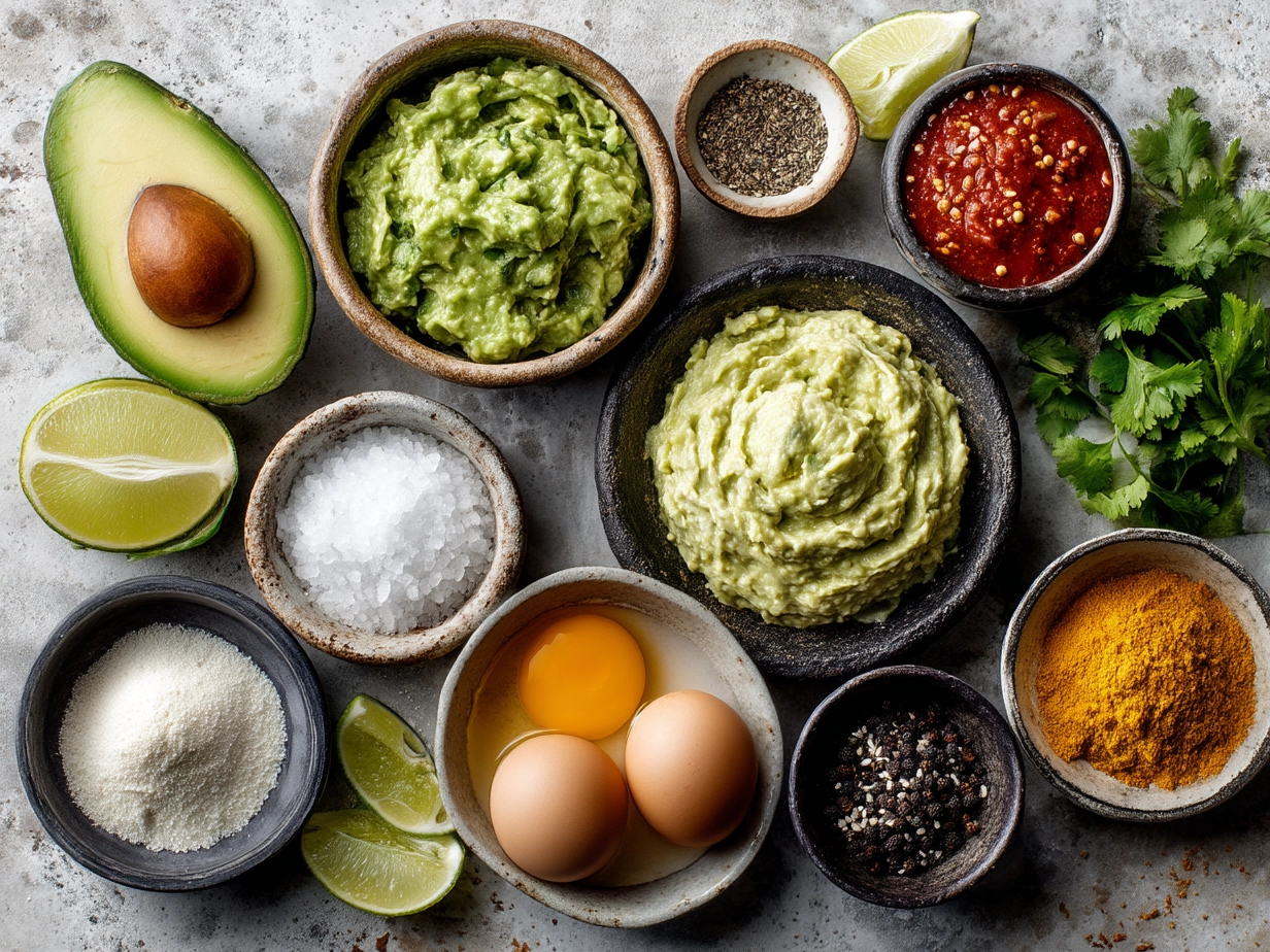 Ingredients for Easy Homemade Guacamole including avocados, lime, onion, tomato, and cilantro.