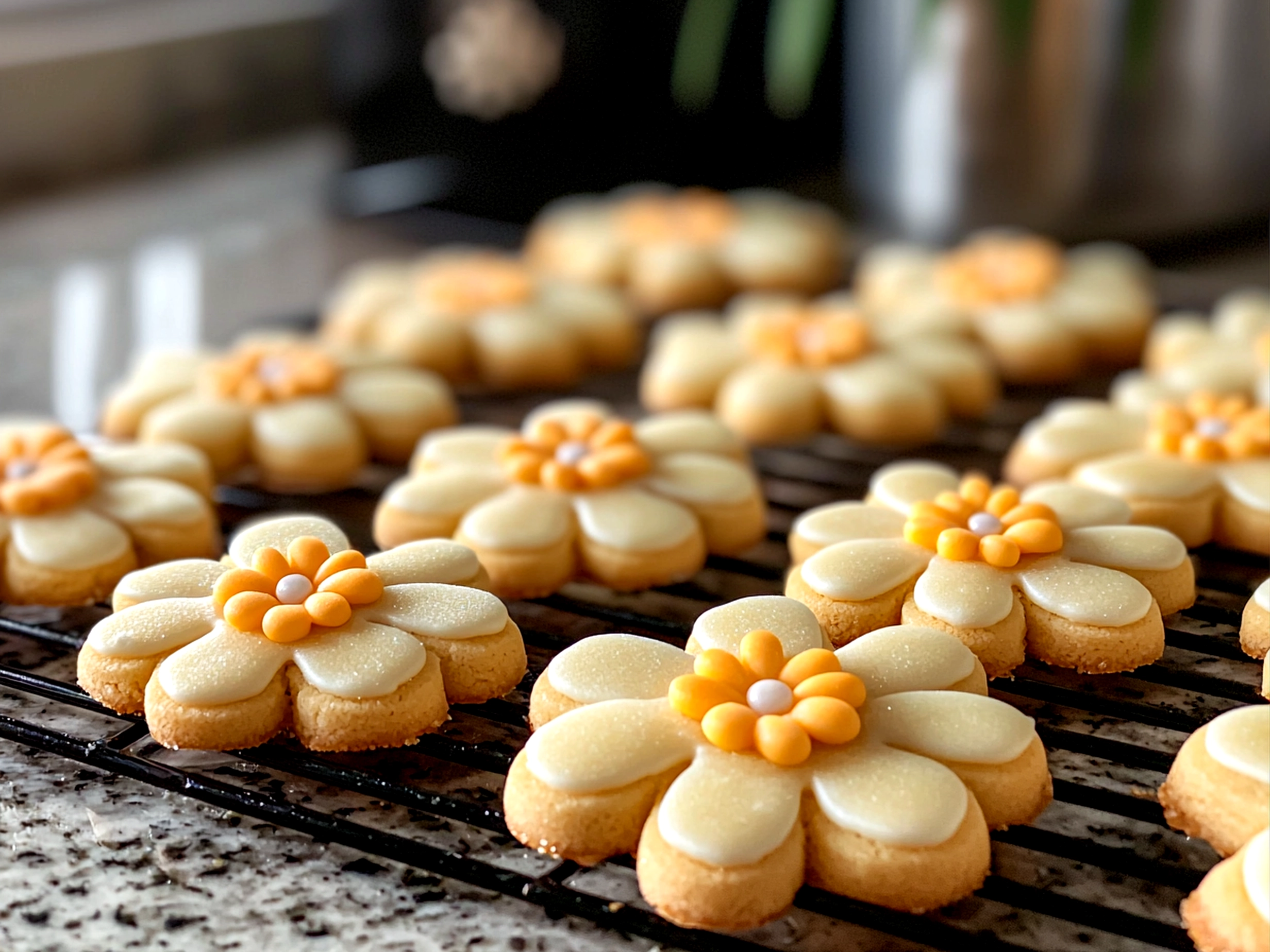 Serving First Day of Spring Flower Sugar Cookies on a wooden board with decorative flowers