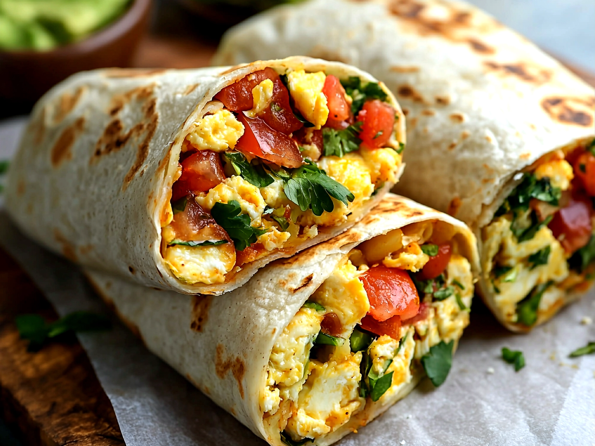 Served breakfast burrito with salsa and fresh garnish